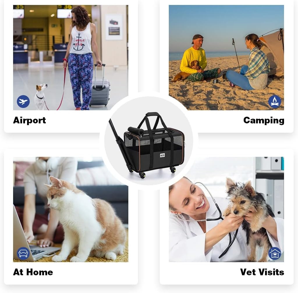 image:imageLekesky Dog Carrier with Wheels Airline Approved for Underseat Pet Carrier on Wheels Rolling Cat Carrier for Small Dogs and Cats Black