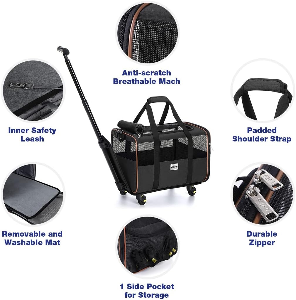image:imageLekesky Dog Carrier with Wheels Airline Approved for Underseat Pet Carrier on Wheels Rolling Cat Carrier for Small Dogs and Cats Black