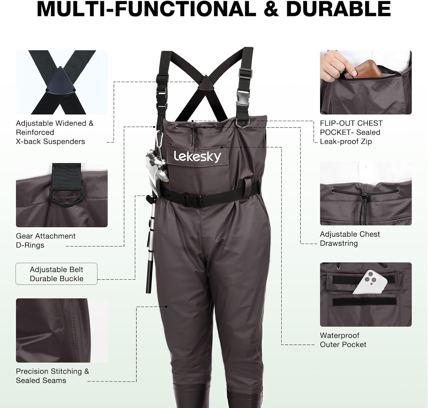 image:imageLekesky Fly Fishing Chest Waders with Boots for Men Women US Sizes 5142Ply NylonPvc Waterproof WadersBrown