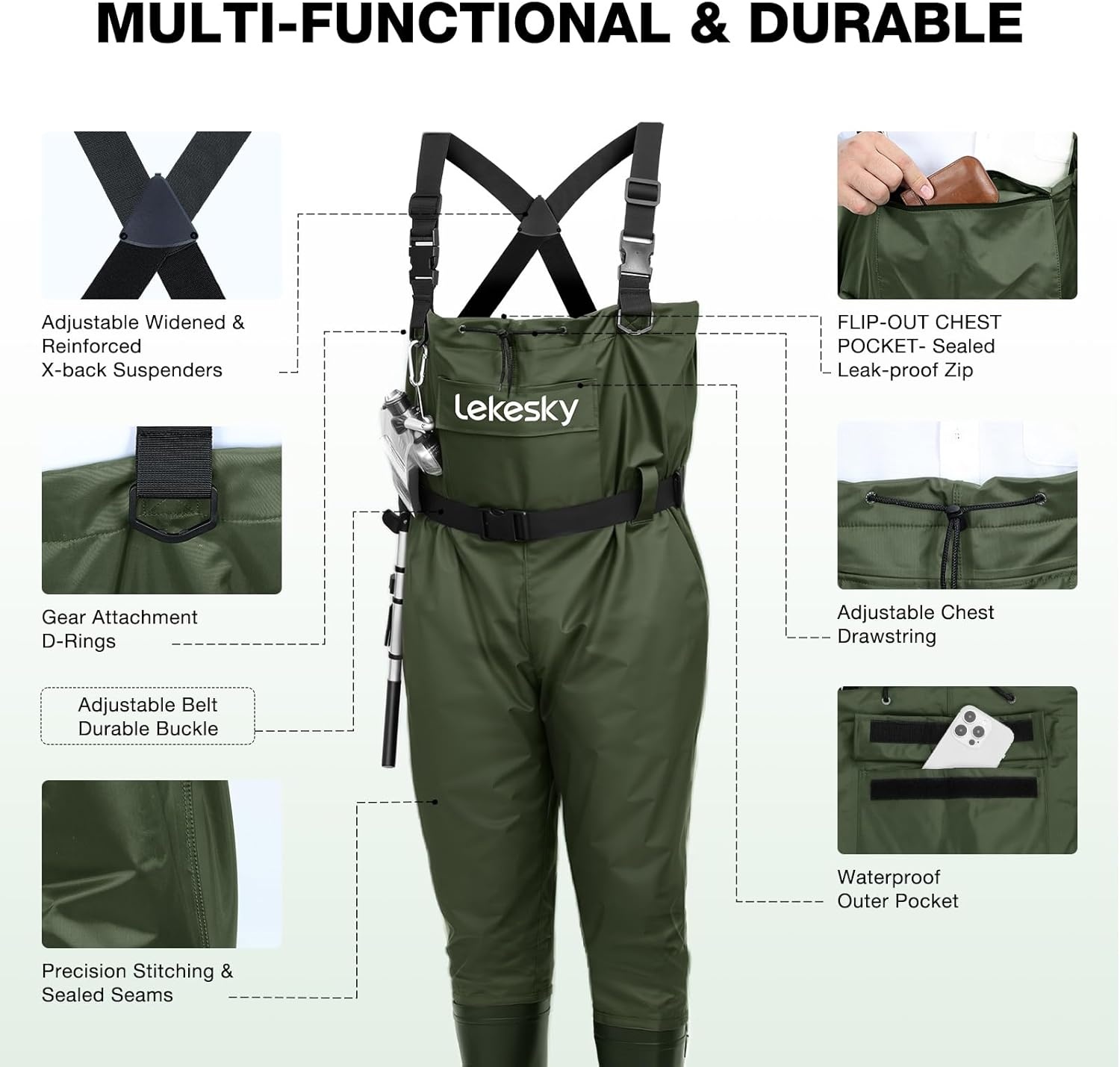image:imageLekesky Fly Fishing Chest Waders with Boots for Men Women US Sizes 5142Ply NylonPvc Waterproof WadersGreen