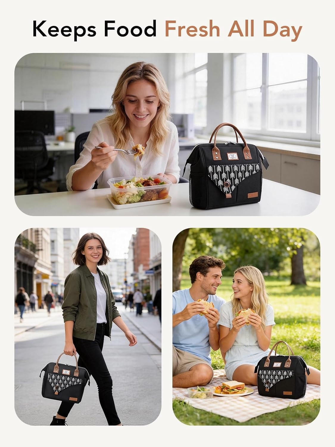 image:imageLekesky Pink Lunch Bag for Women Insulated Lunch Box Leakproof Lunchbox for Adult WorkB Black