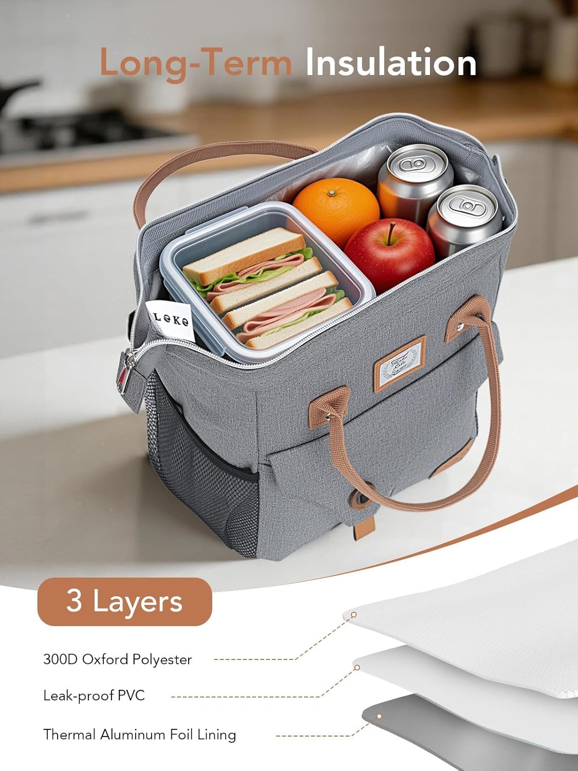 image:imageLekesky Pink Lunch Bag for Women Insulated Lunch Box Leakproof Lunchbox for Adult WorkB Pure grey