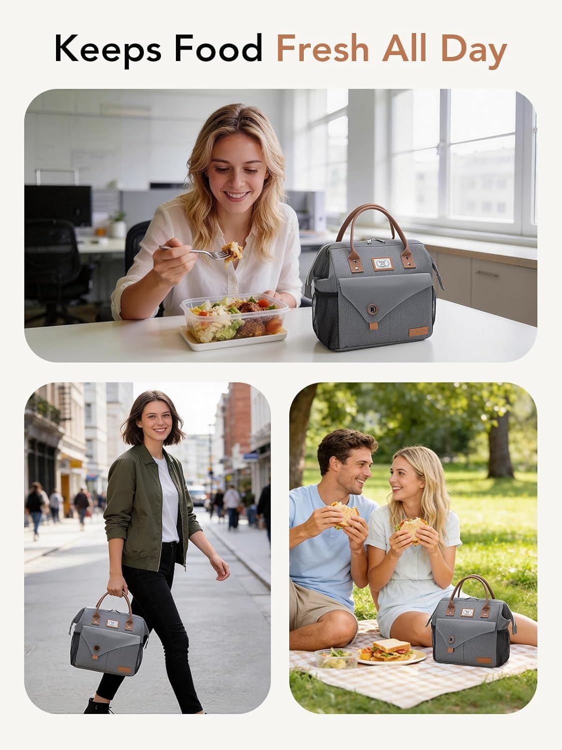 image:imageLekesky Pink Lunch Bag for Women Insulated Lunch Box Leakproof Lunchbox for Adult WorkB Pure grey