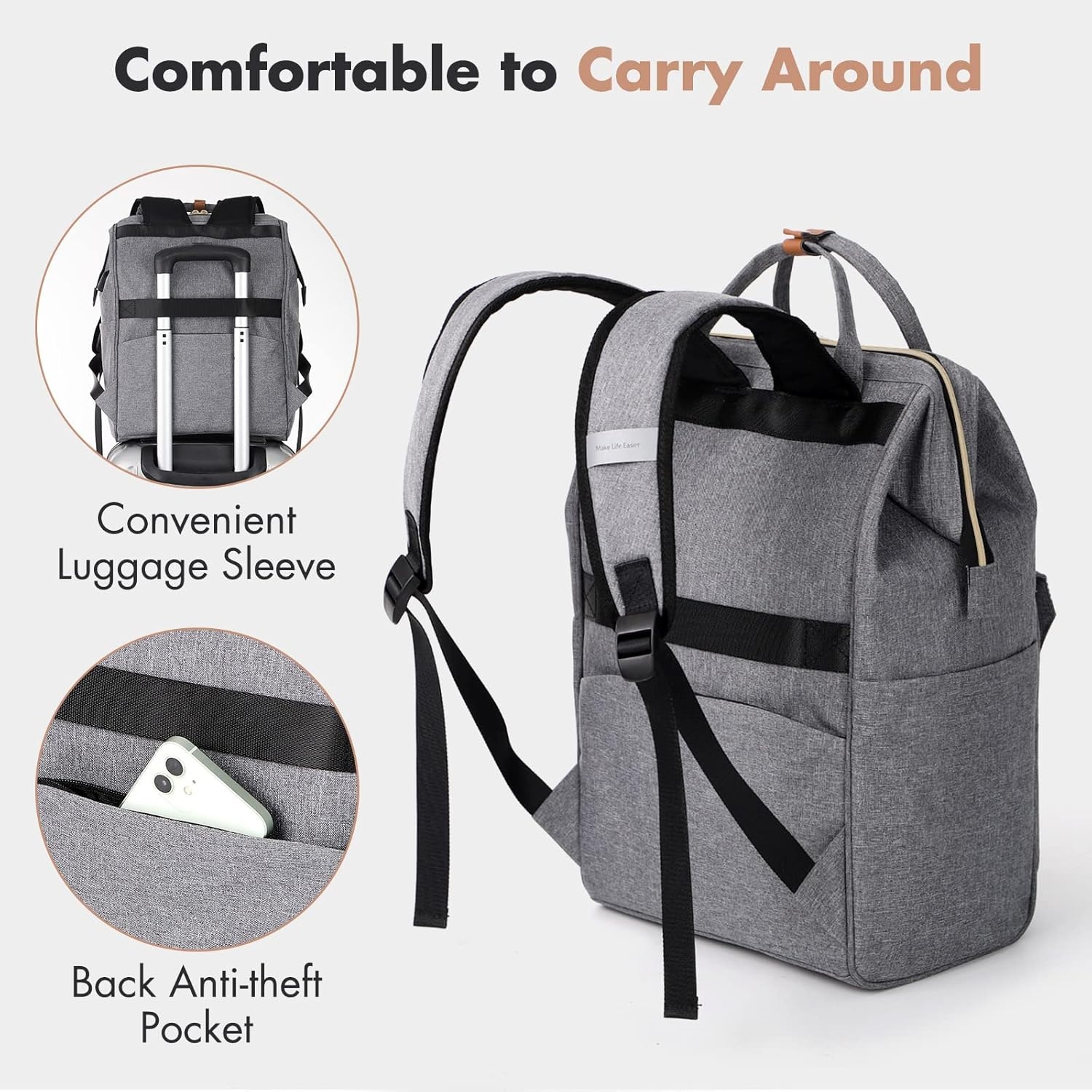 image:imageLekesky Women Travel Backpack 156 Inch Waterproof Backpack for TravelStylish Multi Pocket Laptop Backpack Grey Color