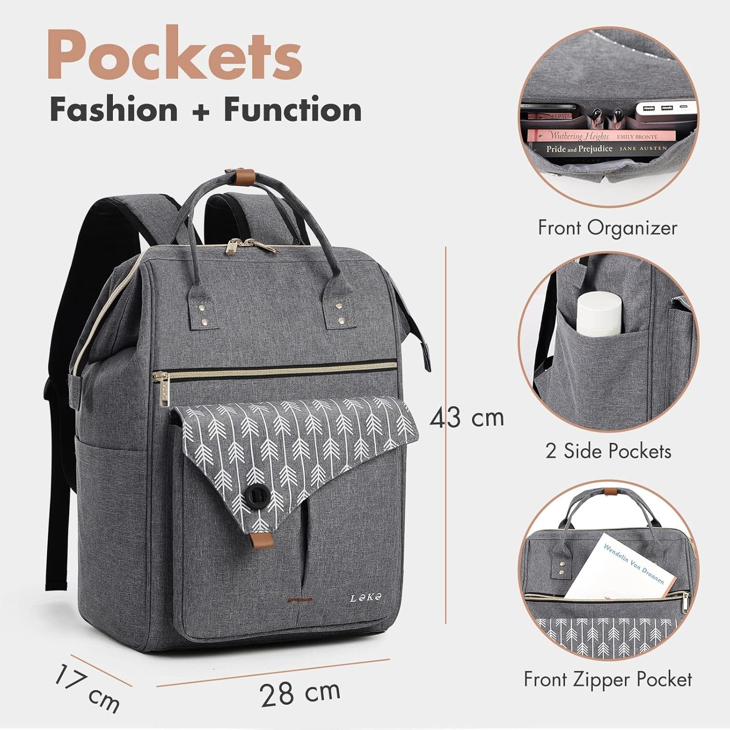 image:imageLekesky Women Travel Backpack 156 Inch Waterproof Backpack for TravelStylish Multi Pocket Laptop Backpack Grey Color