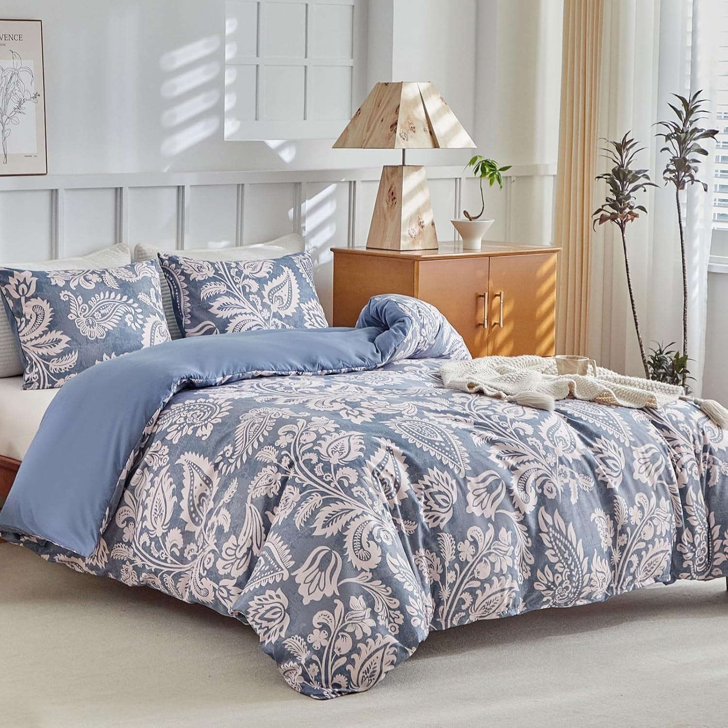 image:imageLekesky King Size Duvet Cover Set Hazy Blue Duvet Cover UltraSoft Microfiber 3 Pieces Comforter Cover with Zipper and Corner Ties Includes 2 Pillowcases 20x36Cpaisley Blueno Comforter