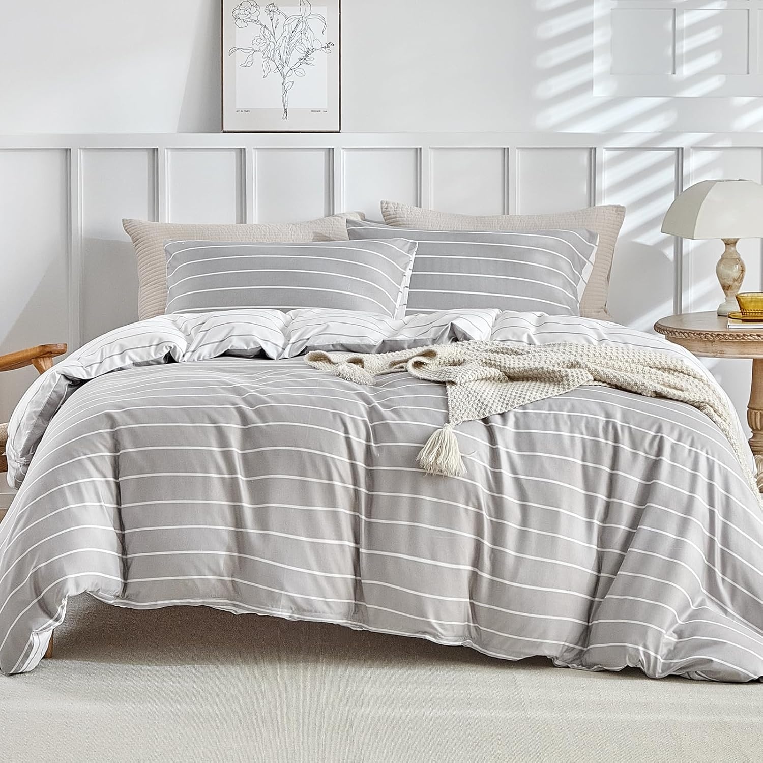 image:imageLekesky King Size Duvet Cover Set Hazy Blue Duvet Cover UltraSoft Microfiber 3 Pieces Comforter Cover with Zipper and Corner Ties Includes 2 Pillowcases 20x36B Grey Stripedno Comforter
