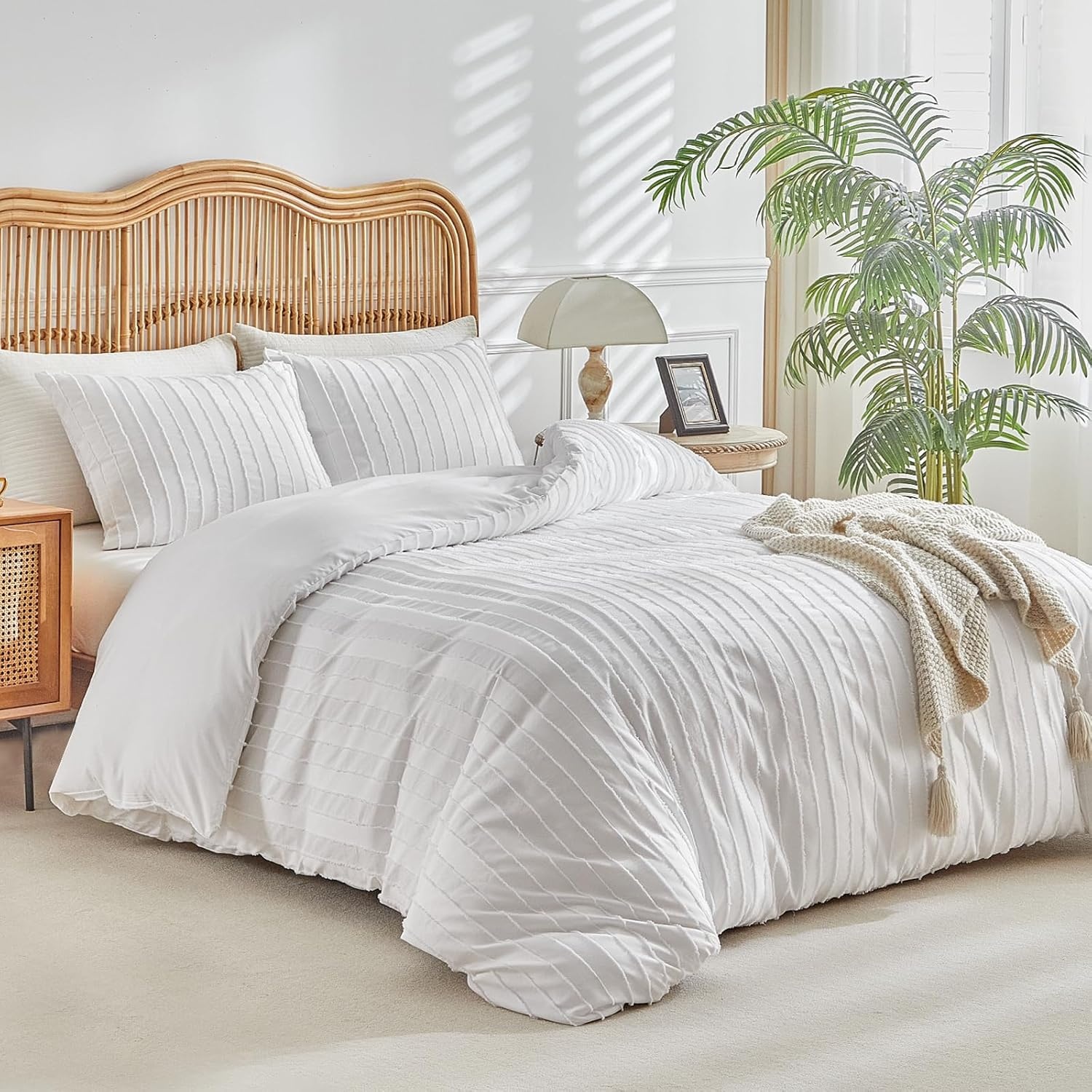 image:imageLekesky King Size Duvet Cover Set Hazy Blue Duvet Cover UltraSoft Microfiber 3 Pieces Comforter Cover with Zipper and Corner Ties Includes 2 Pillowcases 20x36Cwhite Striped No Comforter