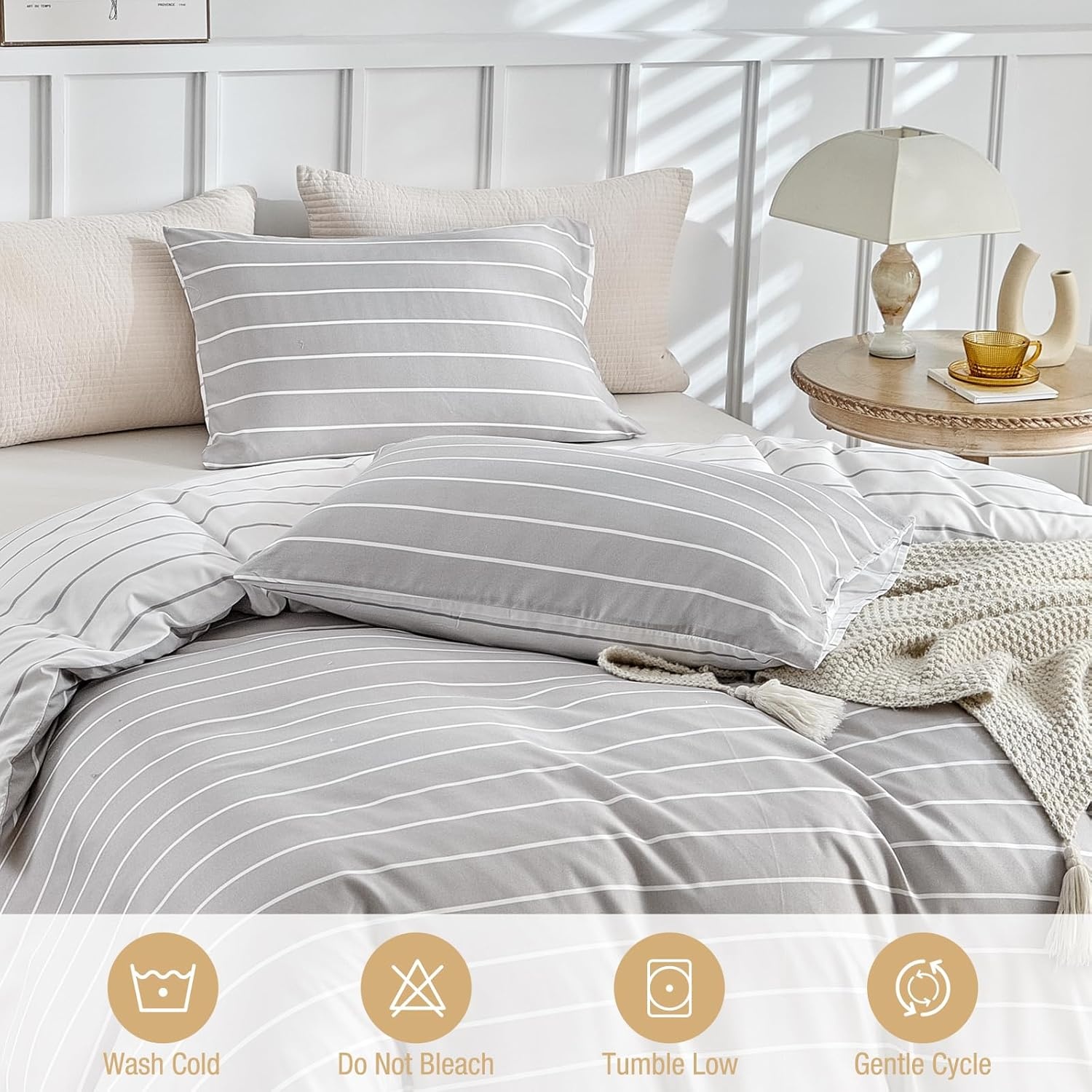 image:imageLekesky King Size Duvet Cover Set Hazy Blue Duvet Cover UltraSoft Microfiber 3 Pieces Comforter Cover with Zipper and Corner Ties Includes 2 Pillowcases 20x36B Grey Stripedno Comforter