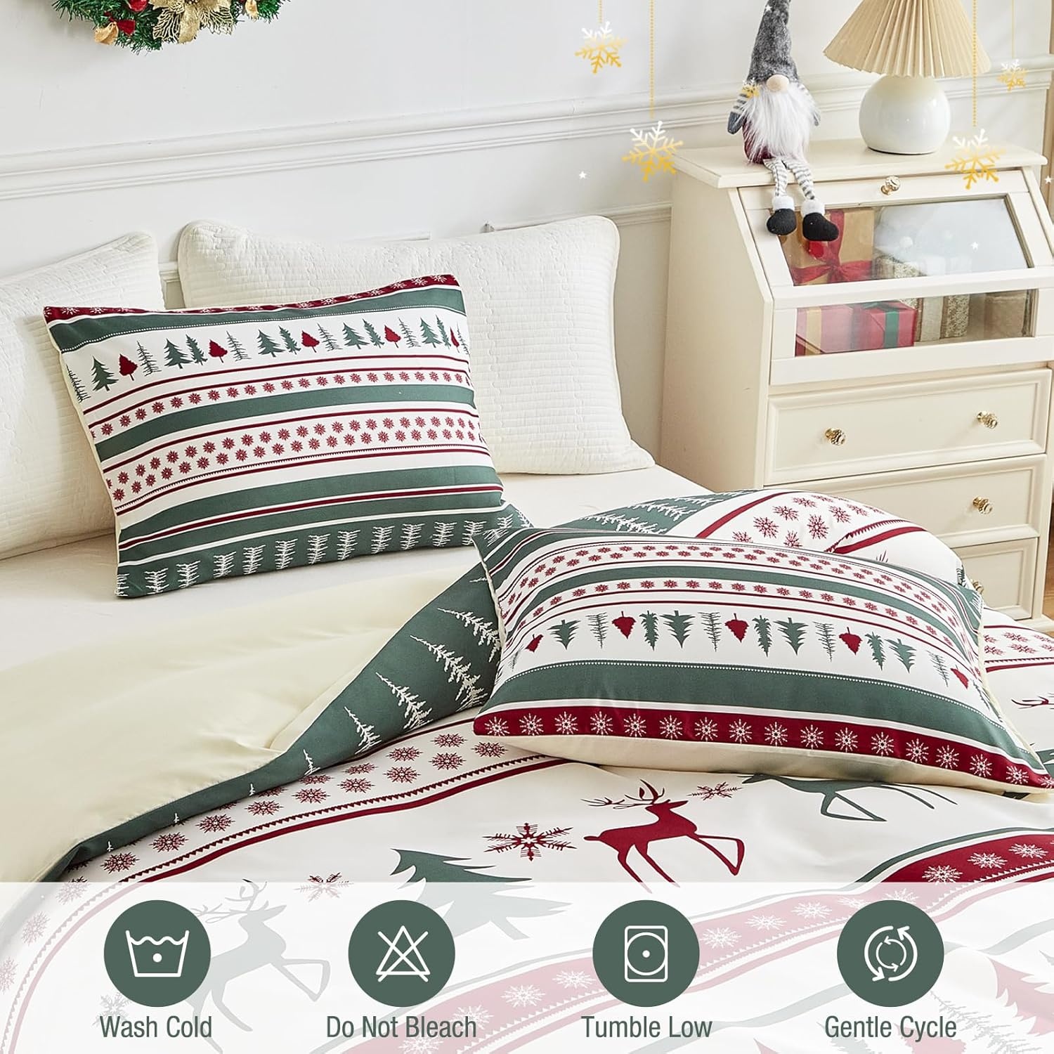 image:imageLekesky King Size Duvet Cover Set Hazy Blue Duvet Cover UltraSoft Microfiber 3 Pieces Comforter Cover with Zipper and Corner Ties Includes 2 Pillowcases 20x36Aa Christmas Classic Green
