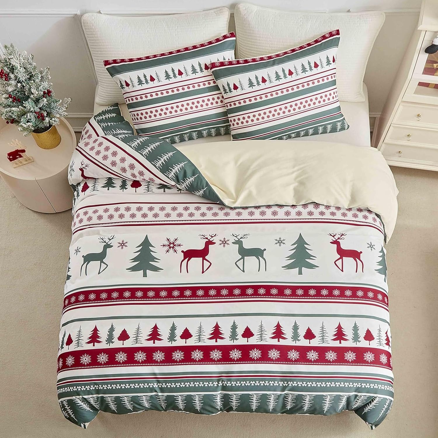 image:imageLekesky King Size Duvet Cover Set Hazy Blue Duvet Cover UltraSoft Microfiber 3 Pieces Comforter Cover with Zipper and Corner Ties Includes 2 Pillowcases 20x36Aa Christmas Classic Green