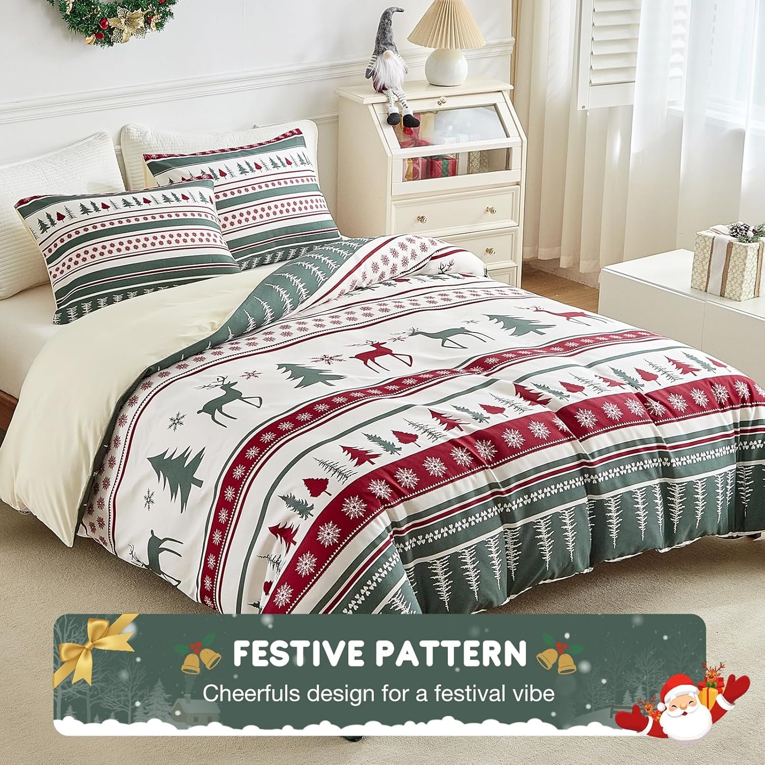image:imageLekesky King Size Duvet Cover Set Hazy Blue Duvet Cover UltraSoft Microfiber 3 Pieces Comforter Cover with Zipper and Corner Ties Includes 2 Pillowcases 20x36Aa Christmas Classic Green
