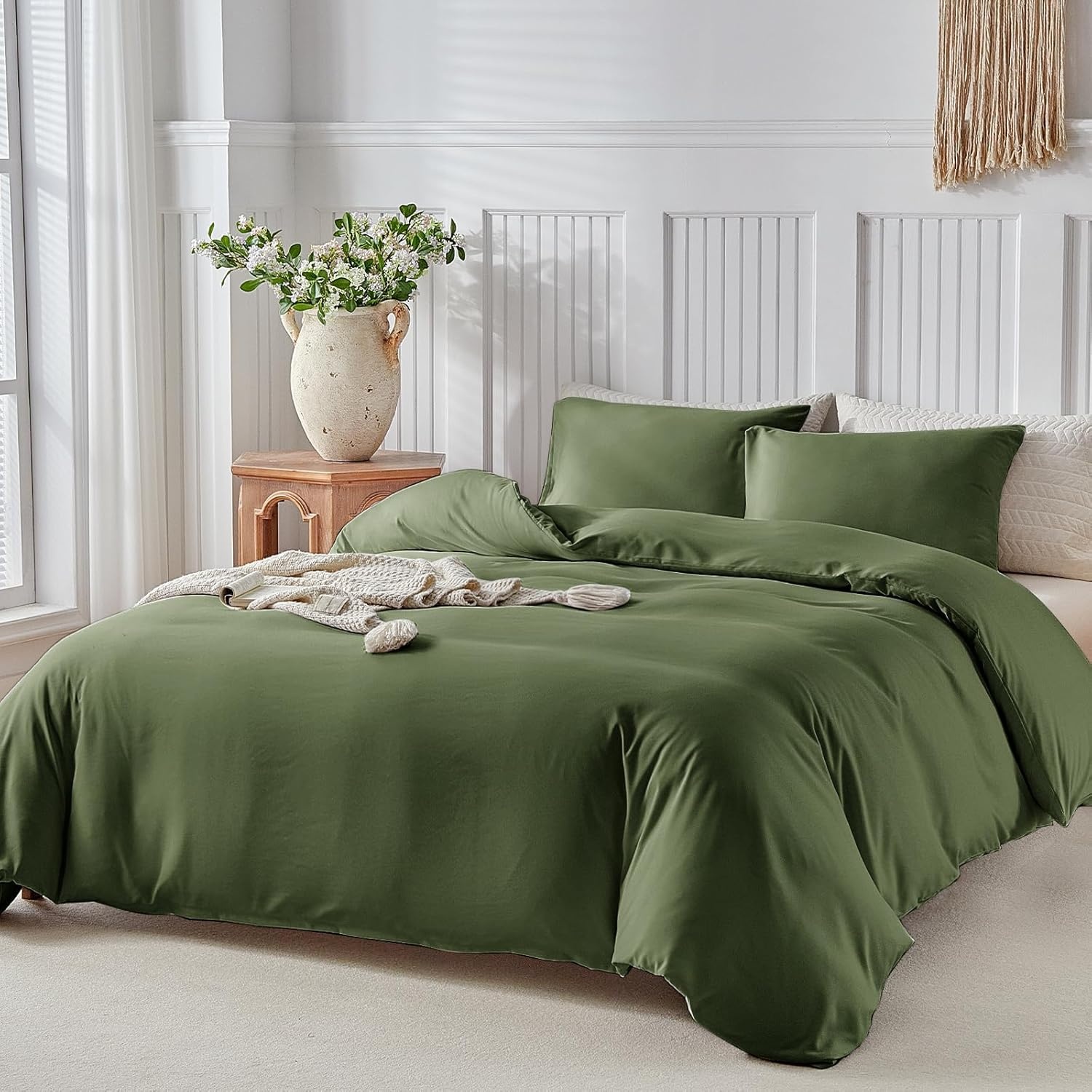 image:imageLekesky King Size Duvet Cover Set Hazy Blue Duvet Cover UltraSoft Microfiber 3 Pieces Comforter Cover with Zipper and Corner Ties Includes 2 Pillowcases 20x36D Olive Greenno Comforter