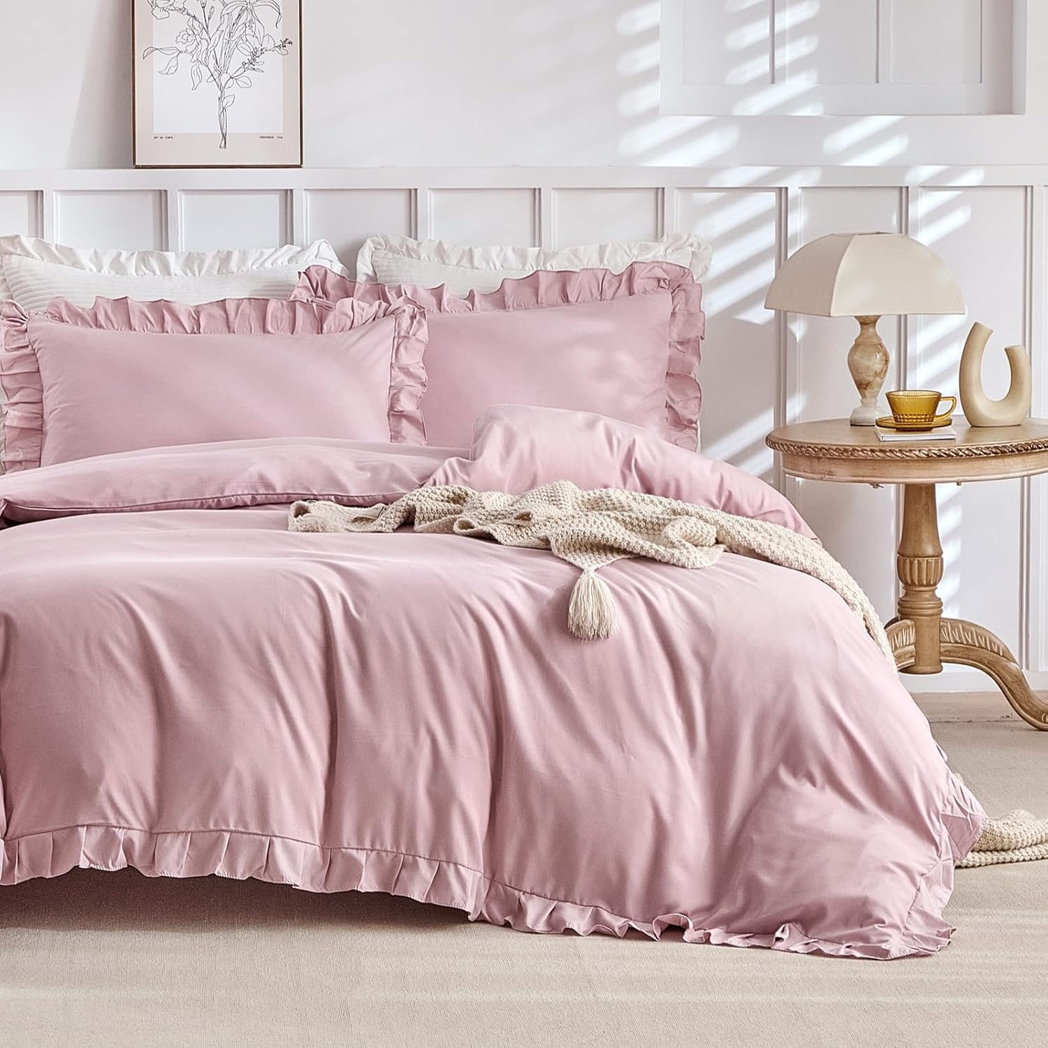 image:imageLekesky King Size Duvet Cover Set Hazy Blue Duvet Cover UltraSoft Microfiber 3 Pieces Comforter Cover with Zipper and Corner Ties Includes 2 Pillowcases 20x36C Pink Ruffleno Comforter