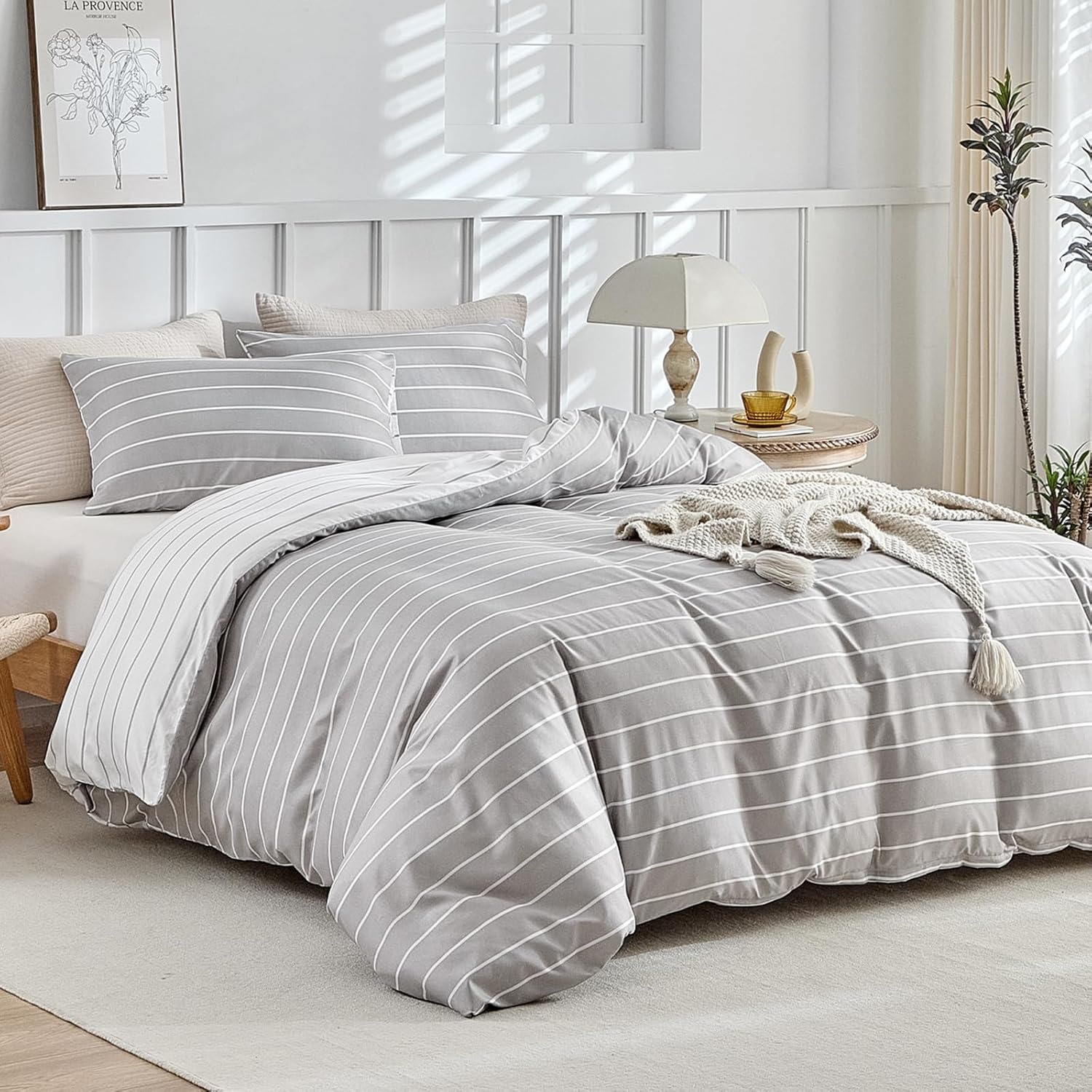 image:imageLekesky King Size Duvet Cover Set Hazy Blue Duvet Cover UltraSoft Microfiber 3 Pieces Comforter Cover with Zipper and Corner Ties Includes 2 Pillowcases 20x36B Grey Stripedno Comforter