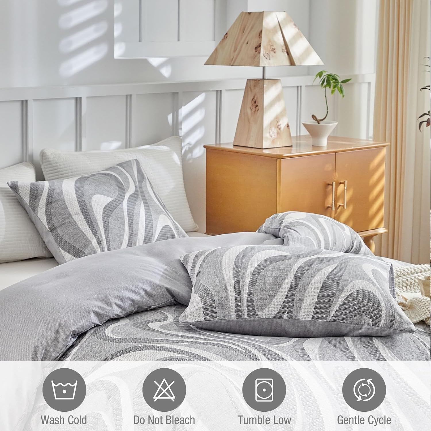 image:imageLekesky King Size Duvet Cover Set Hazy Blue Duvet Cover UltraSoft Microfiber 3 Pieces Comforter Cover with Zipper and Corner Ties Includes 2 Pillowcases 20x36Bgeometric Greyno Comforter
