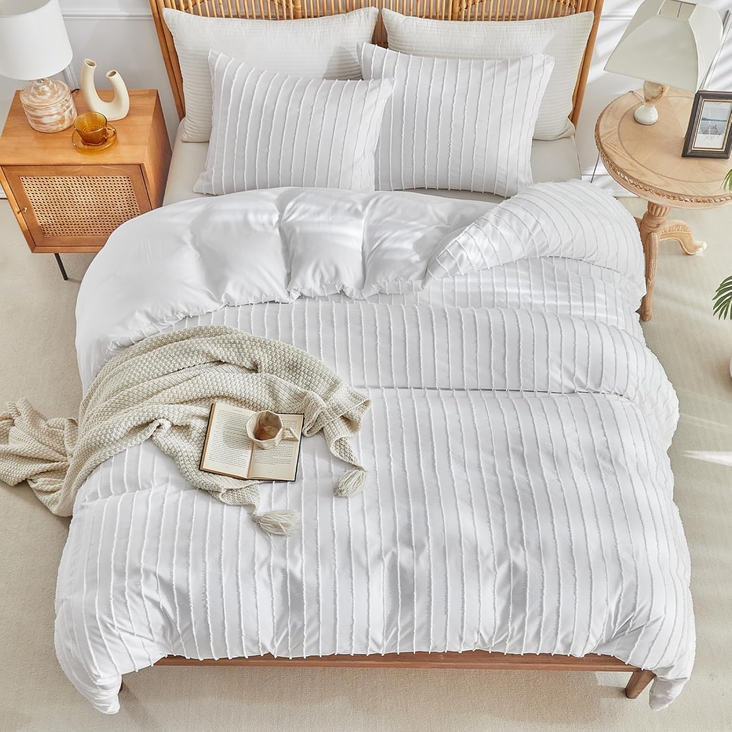 image:imageLekesky King Size Duvet Cover Set Hazy Blue Duvet Cover UltraSoft Microfiber 3 Pieces Comforter Cover with Zipper and Corner Ties Includes 2 Pillowcases 20x36Cwhite Striped No Comforter