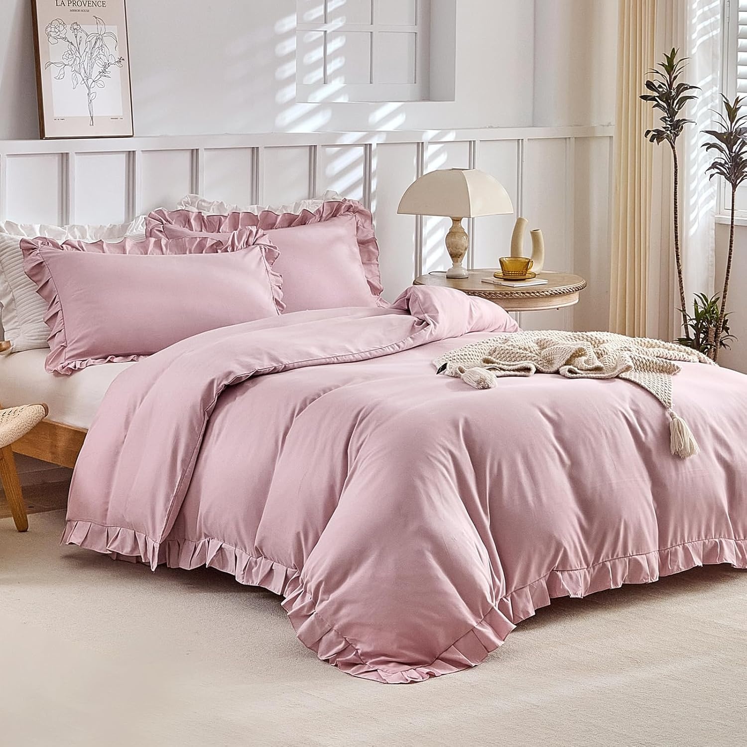 image:imageLekesky King Size Duvet Cover Set Hazy Blue Duvet Cover UltraSoft Microfiber 3 Pieces Comforter Cover with Zipper and Corner Ties Includes 2 Pillowcases 20x36C Pink Ruffleno Comforter