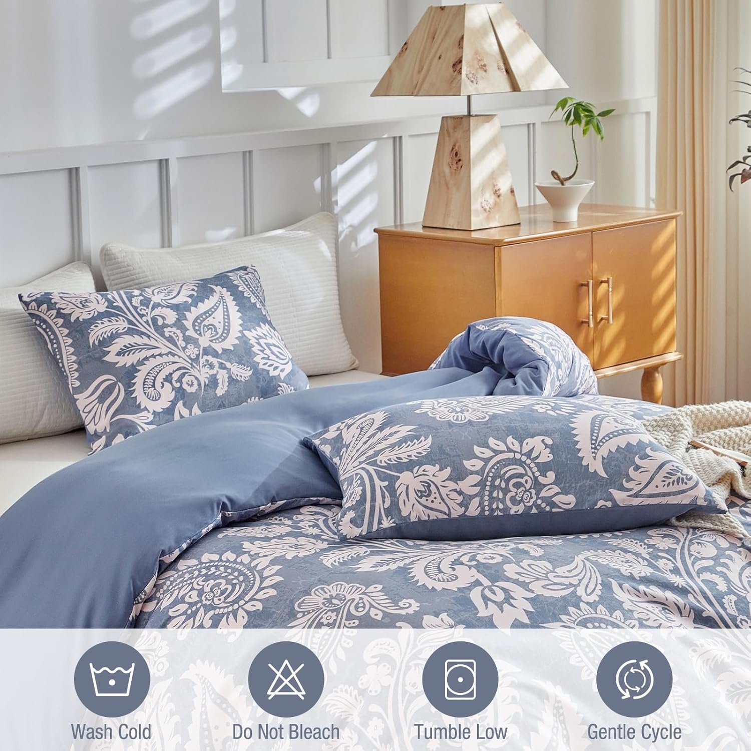 image:imageLekesky King Size Duvet Cover Set Hazy Blue Duvet Cover UltraSoft Microfiber 3 Pieces Comforter Cover with Zipper and Corner Ties Includes 2 Pillowcases 20x36Cpaisley Blueno Comforter