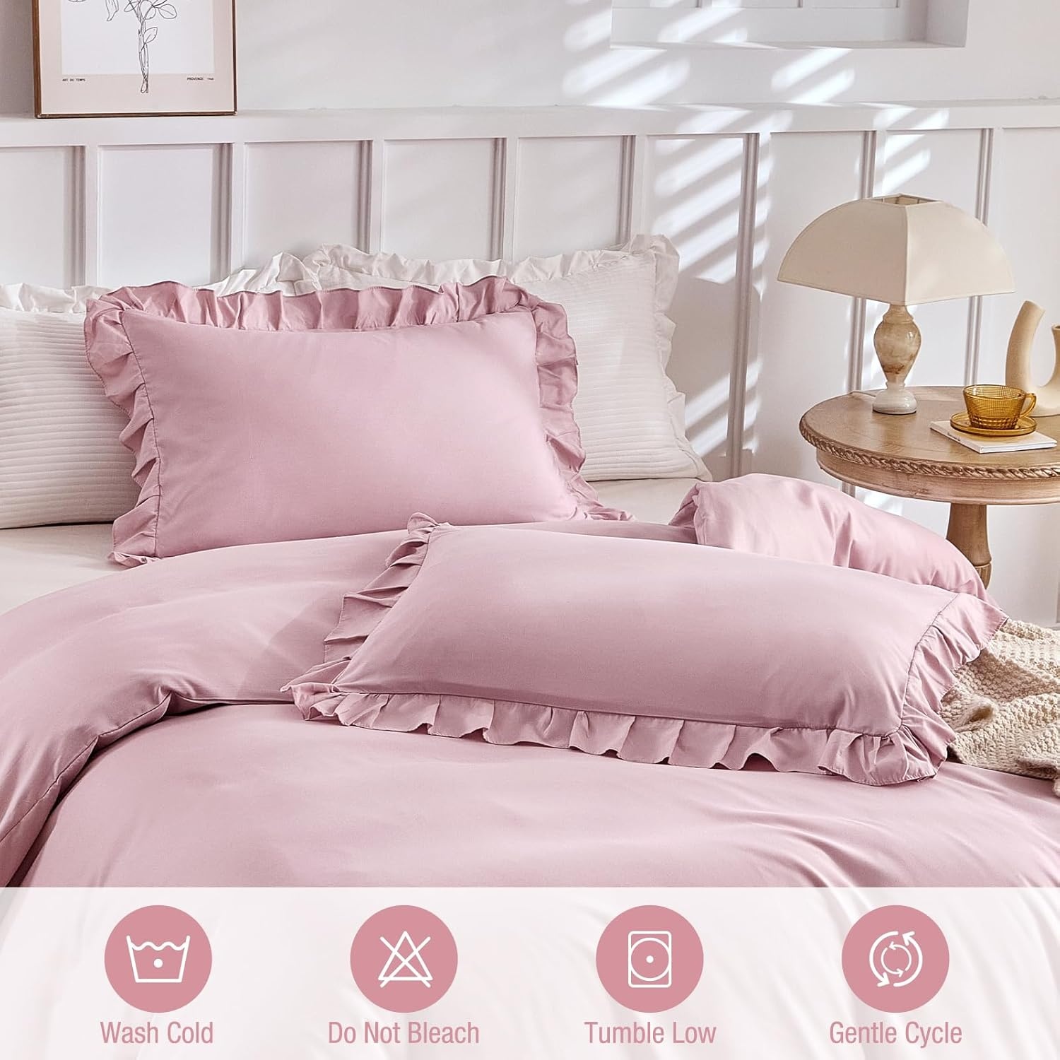 image:imageLekesky King Size Duvet Cover Set Hazy Blue Duvet Cover UltraSoft Microfiber 3 Pieces Comforter Cover with Zipper and Corner Ties Includes 2 Pillowcases 20x36C Pink Ruffleno Comforter