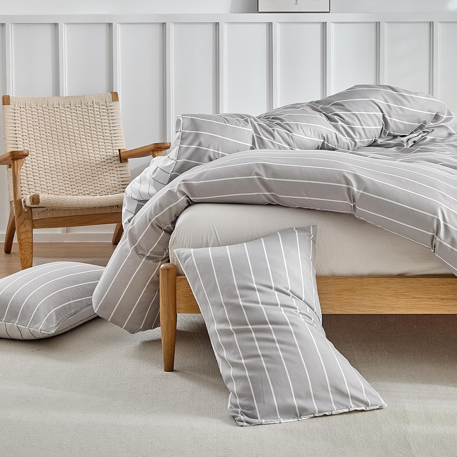 image:imageLekesky King Size Duvet Cover Set Hazy Blue Duvet Cover UltraSoft Microfiber 3 Pieces Comforter Cover with Zipper and Corner Ties Includes 2 Pillowcases 20x36B Grey Stripedno Comforter