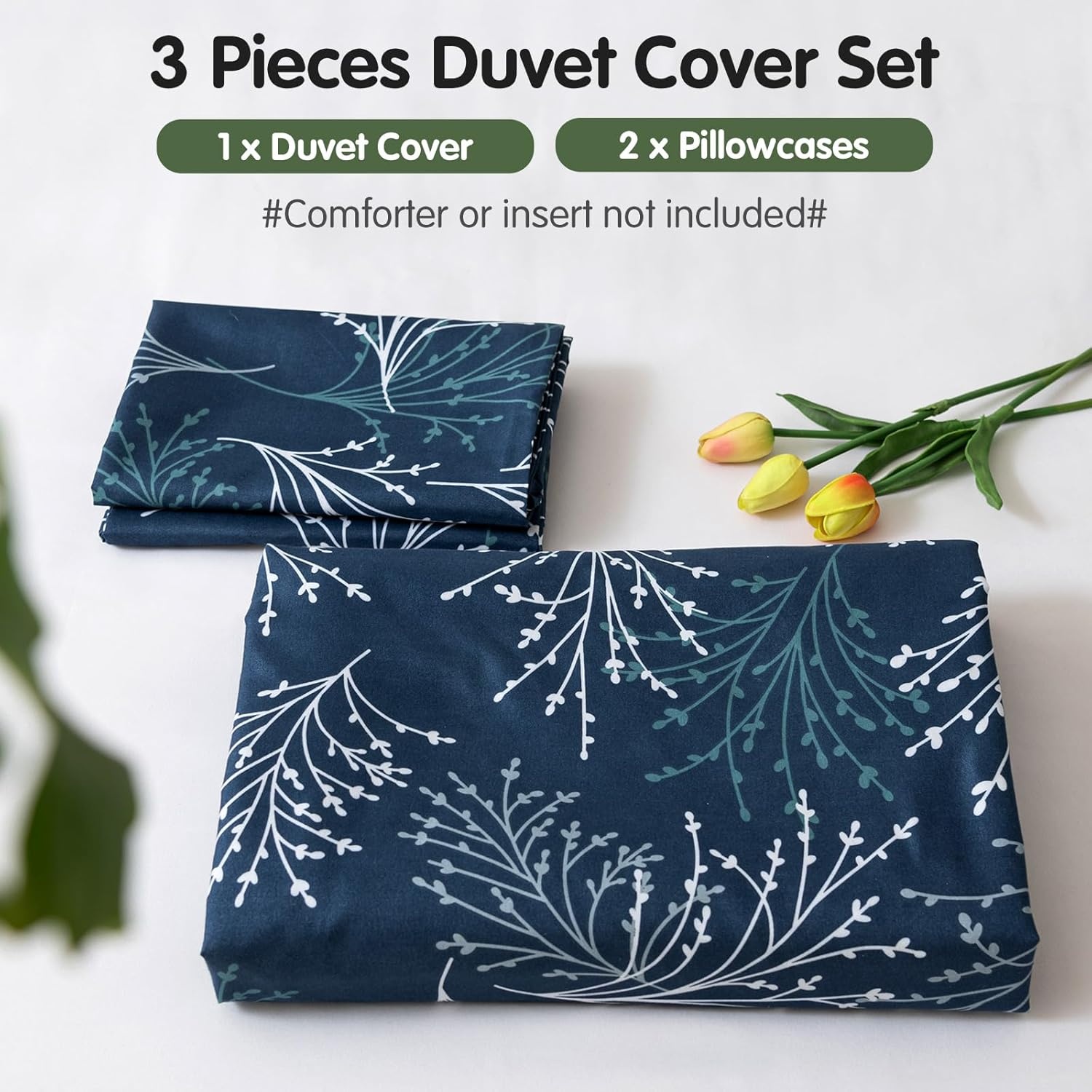 image:imageLekesky Reversible Duvet Cover Queen Size Navy Blue Branch Comforter Cover Queen 3pcs Microfiber Botanical Bedding Set with Zipper Closure Corner Ties