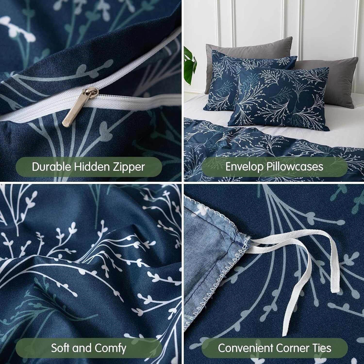 image:imageLekesky Reversible Duvet Cover Queen Size Navy Blue Branch Comforter Cover Queen 3pcs Microfiber Botanical Bedding Set with Zipper Closure Corner Ties