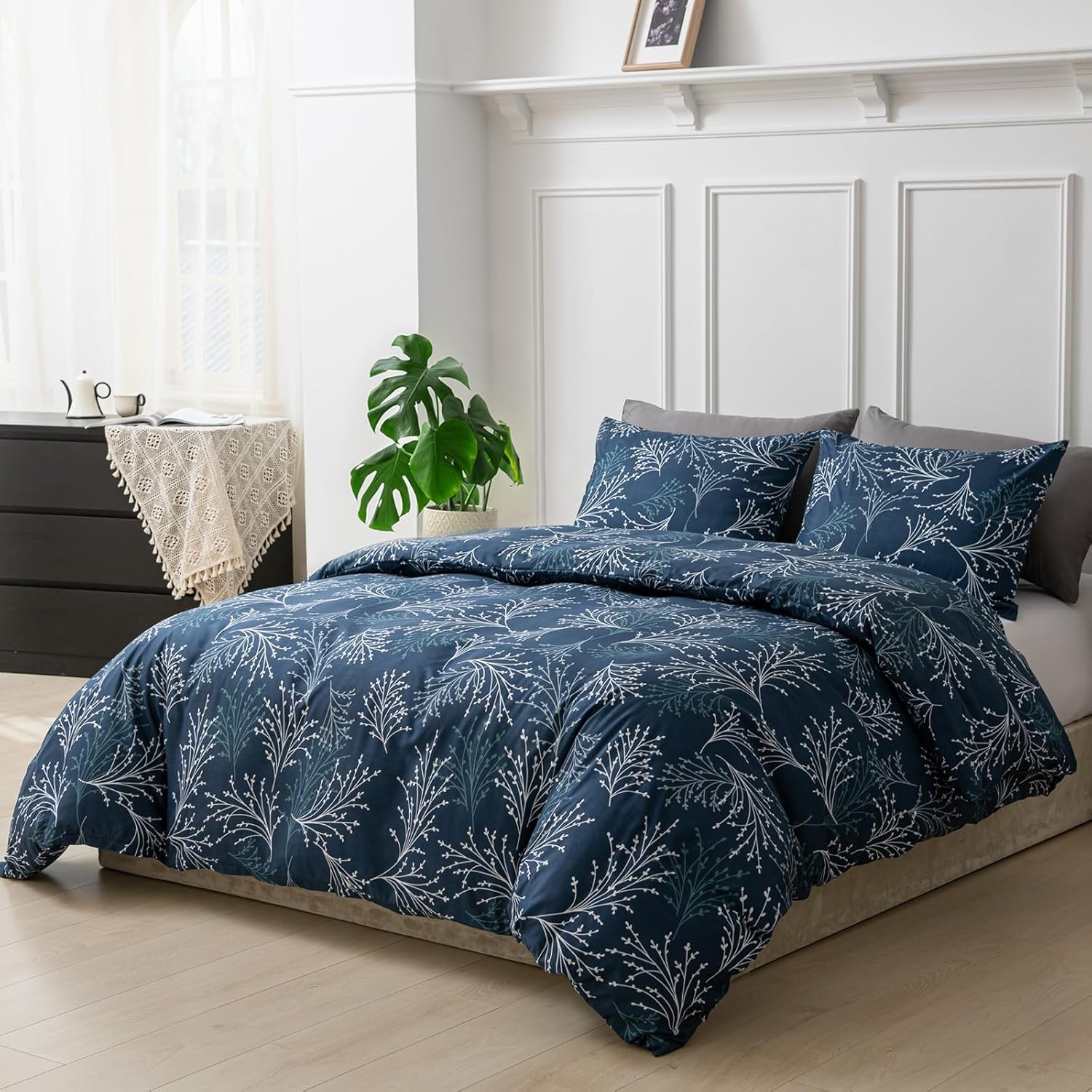 image:imageLekesky Reversible Duvet Cover Queen Size Navy Blue Branch Comforter Cover Queen 3pcs Microfiber Botanical Bedding Set with Zipper Closure Corner Ties