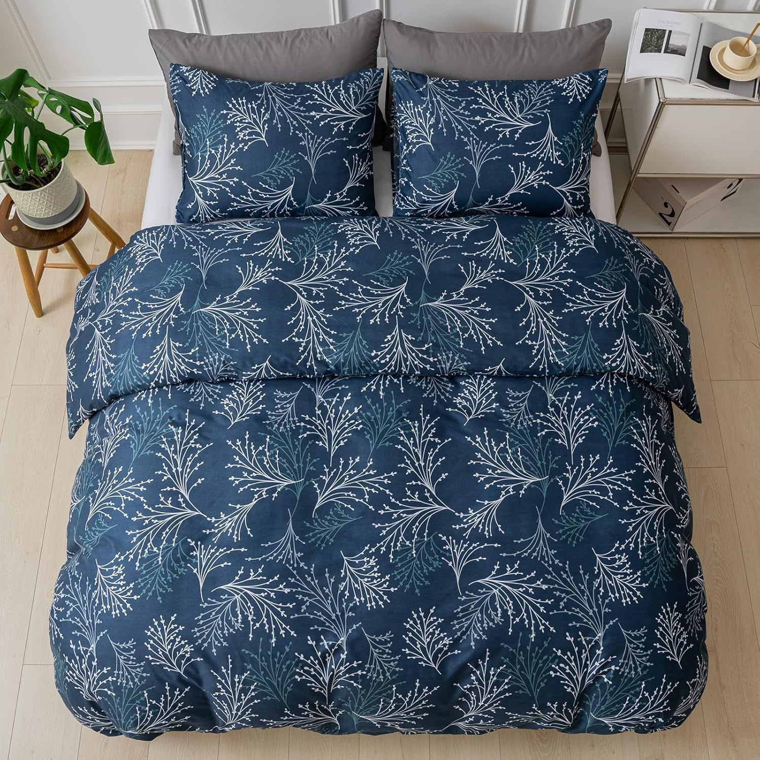 image:imageLekesky Reversible Duvet Cover Queen Size Navy Blue Branch Comforter Cover Queen 3pcs Microfiber Botanical Bedding Set with Zipper Closure Corner Ties