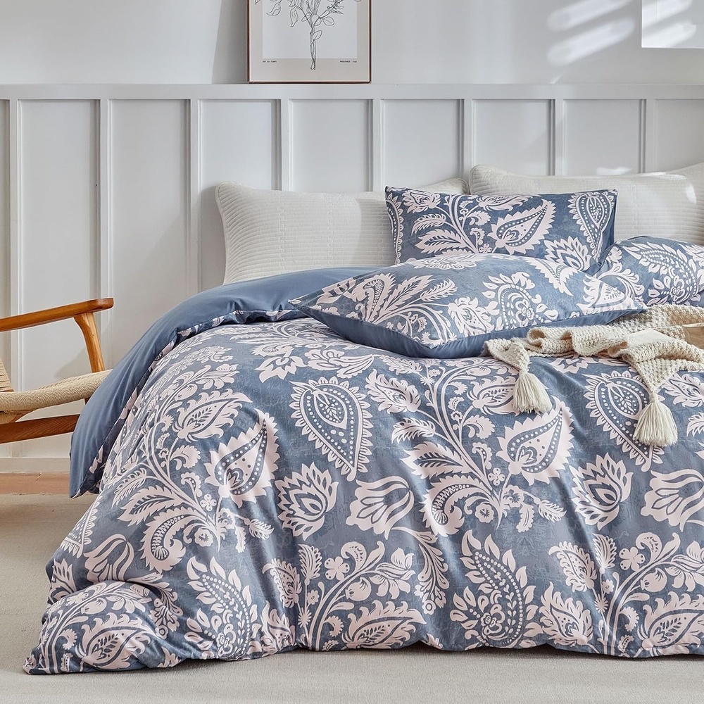 image:imageLekesky King Size Duvet Cover Set Hazy Blue Duvet Cover UltraSoft Microfiber 3 Pieces Comforter Cover with Zipper and Corner Ties Includes 2 Pillowcases 20x36Cpaisley Blueno Comforter