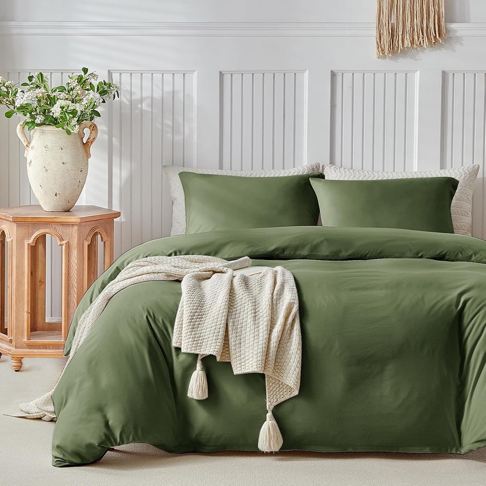 image:imageLekesky King Size Duvet Cover Set Hazy Blue Duvet Cover UltraSoft Microfiber 3 Pieces Comforter Cover with Zipper and Corner Ties Includes 2 Pillowcases 20x36D Olive Greenno Comforter