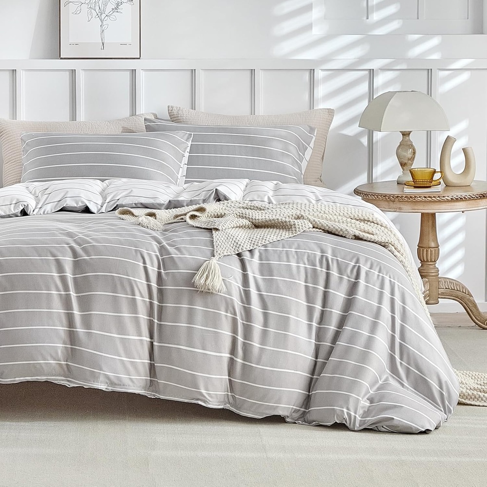 image:imageLekesky King Size Duvet Cover Set Hazy Blue Duvet Cover UltraSoft Microfiber 3 Pieces Comforter Cover with Zipper and Corner Ties Includes 2 Pillowcases 20x36B Grey Stripedno Comforter