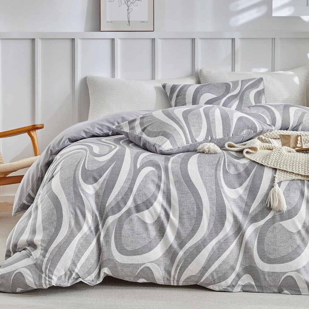 image:imageLekesky King Size Duvet Cover Set Hazy Blue Duvet Cover UltraSoft Microfiber 3 Pieces Comforter Cover with Zipper and Corner Ties Includes 2 Pillowcases 20x36Bgeometric Greyno Comforter