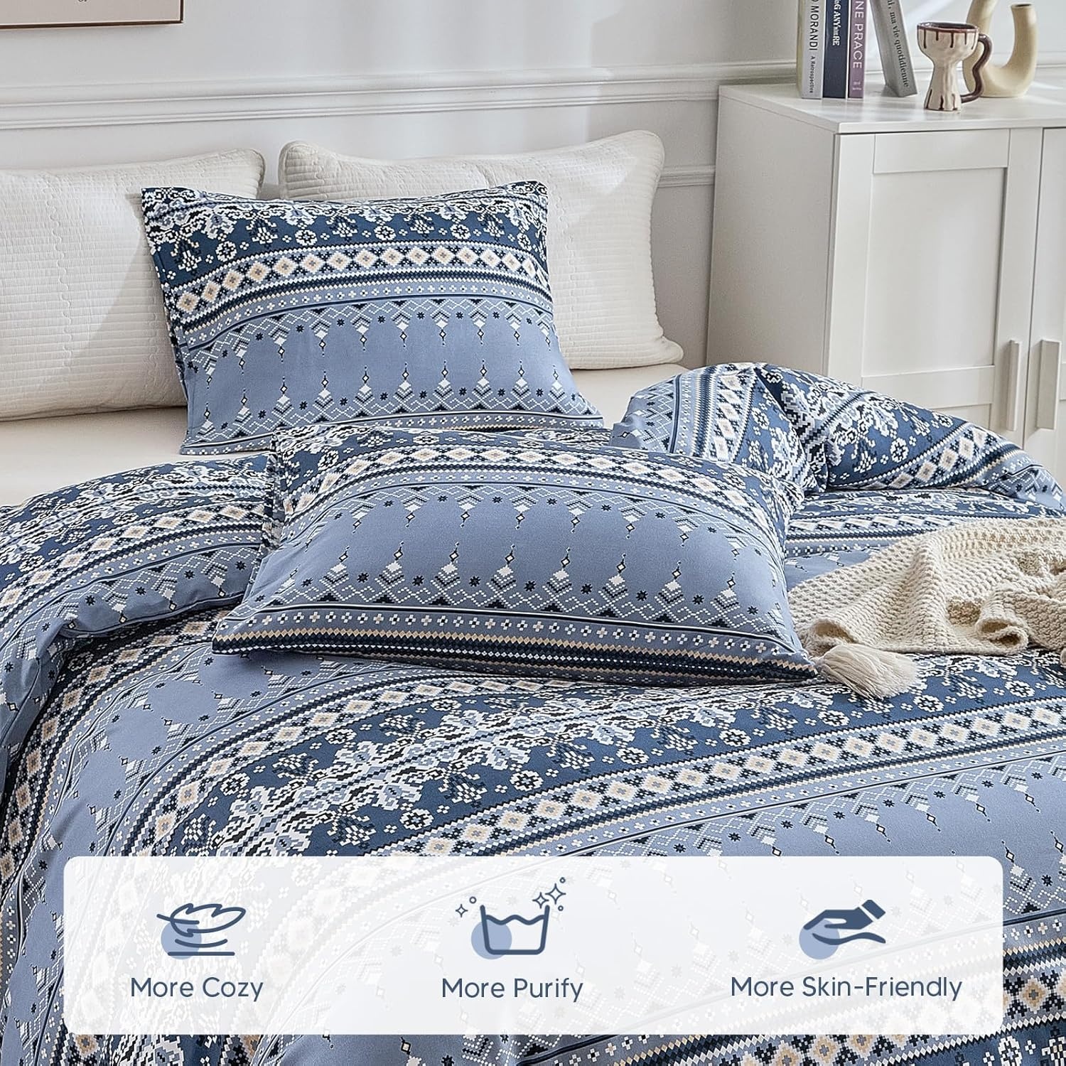 image:imageLekesky Duvet Cover Queen Size Reversible Botanical Floral Duvet Cover Set with Zipper Closure 3 Pieces Soft Microfiber Green Bedding Set 1Duvet Cover 90x90 2 Pillowcases 20x26Bindigo Blue No Comforter