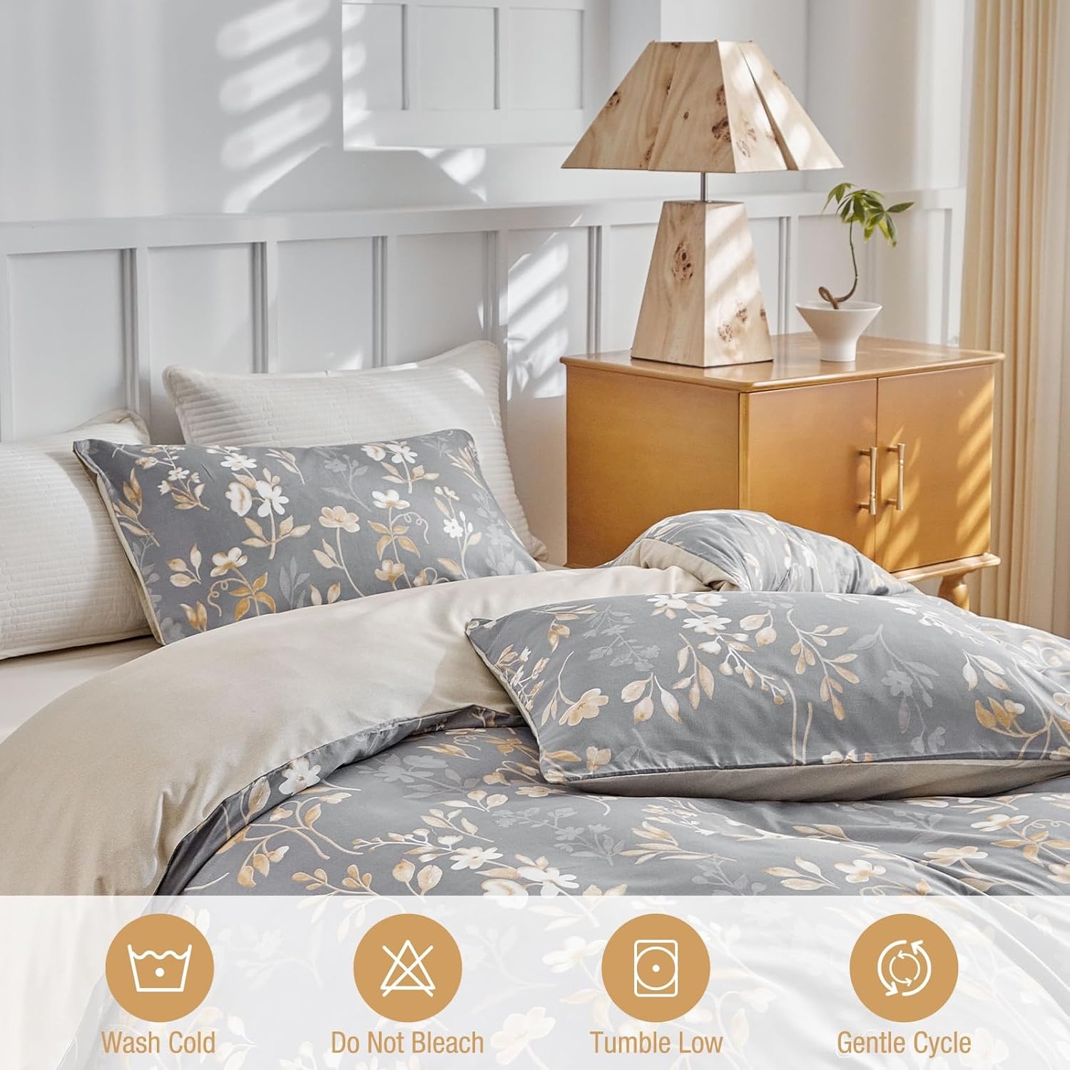 image:imageLekesky Duvet Cover Queen Size Reversible Botanical Floral Duvet Cover Set with Zipper Closure 3 Pieces Soft Microfiber Green Bedding Set 1Duvet Cover 90x90 2 Pillowcases 20x26A Grey Goldno Comforter