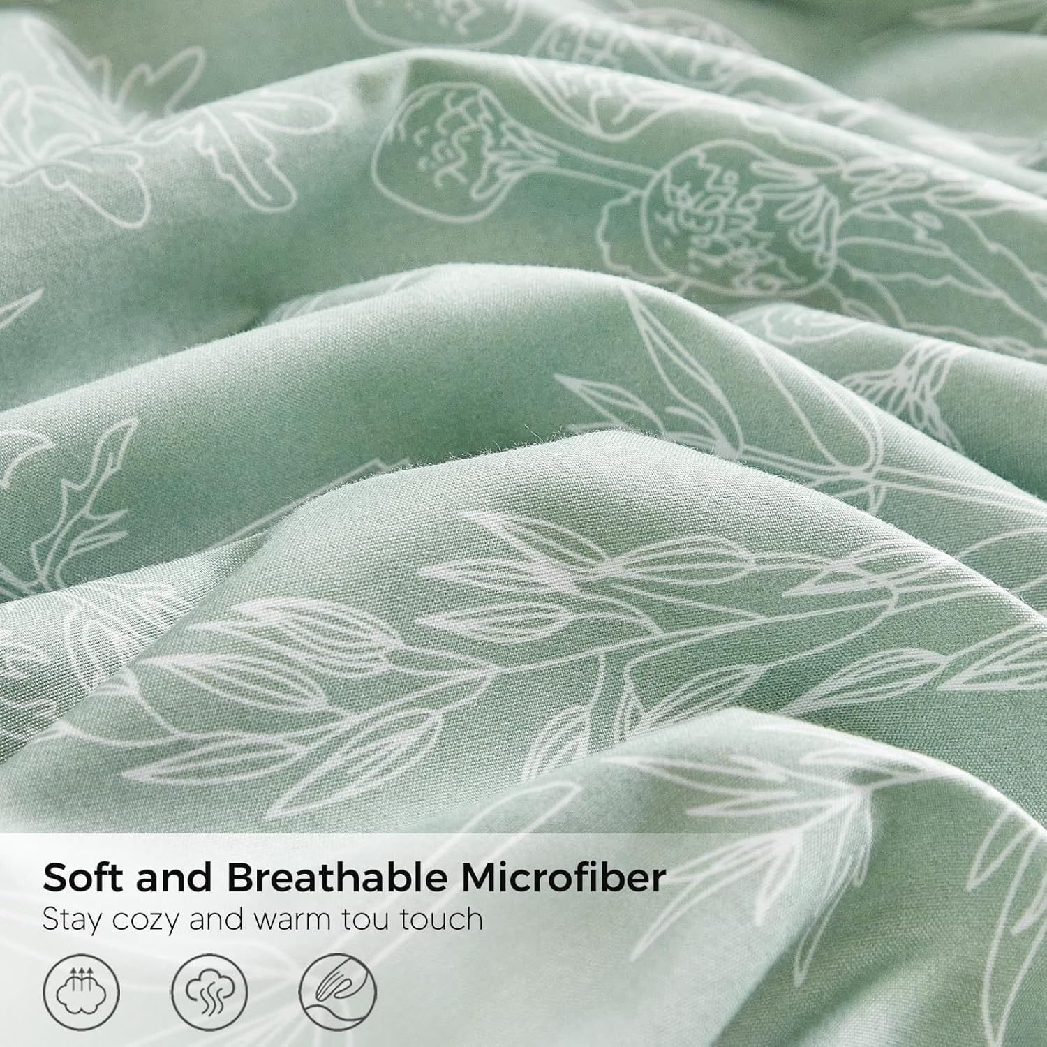 image:imageLekesky Duvet Cover Queen Size Reversible Botanical Floral Duvet Cover Set with Zipper Closure 3 Pieces Soft Microfiber Green Bedding Set 1Duvet Cover 90x90 2 Pillowcases 20x26C Sage Green