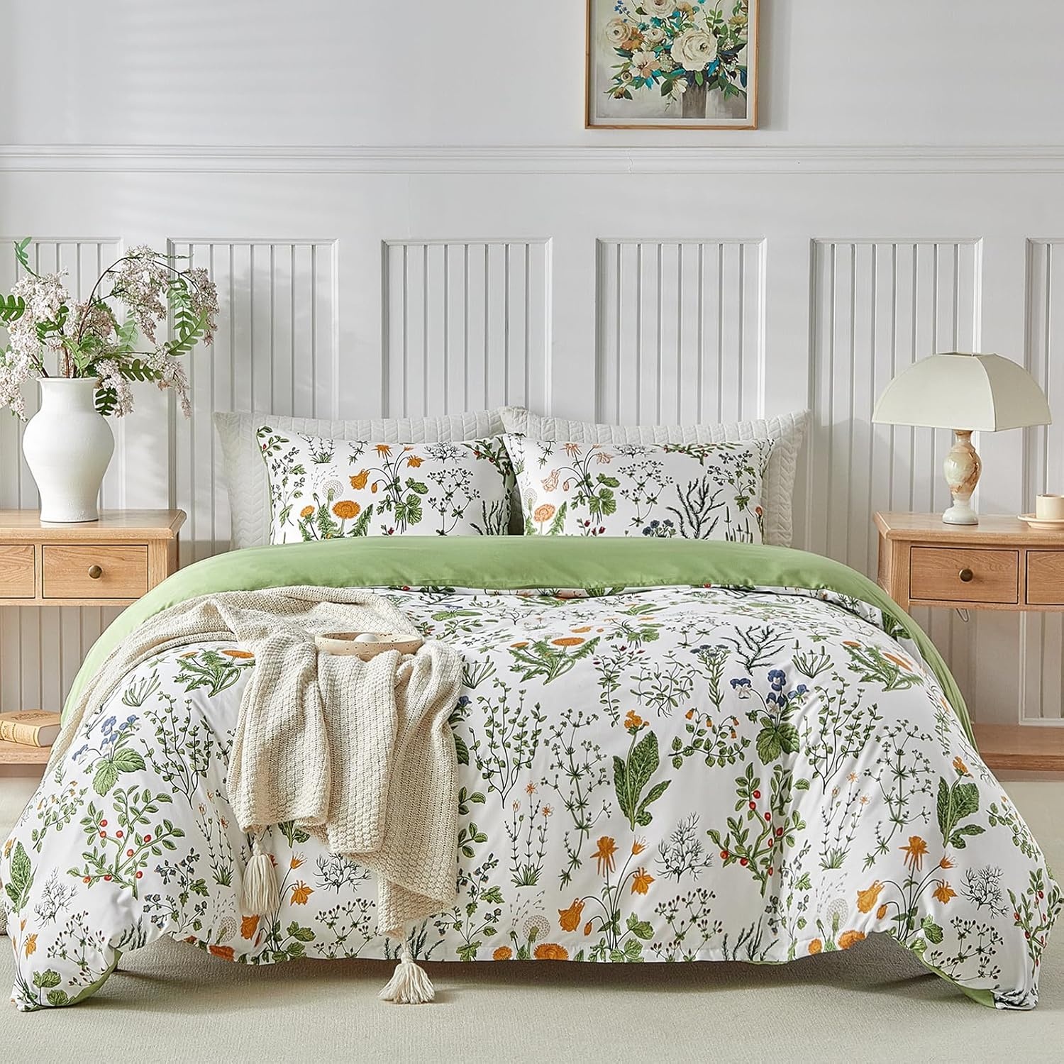 image:imageLekesky Duvet Cover Queen Size Reversible Botanical Floral Duvet Cover Set with Zipper Closure 3 Pieces Soft Microfiber Green Bedding Set 1Duvet Cover 90x90 2 Pillowcases 20x26C Green Floralno Comforter