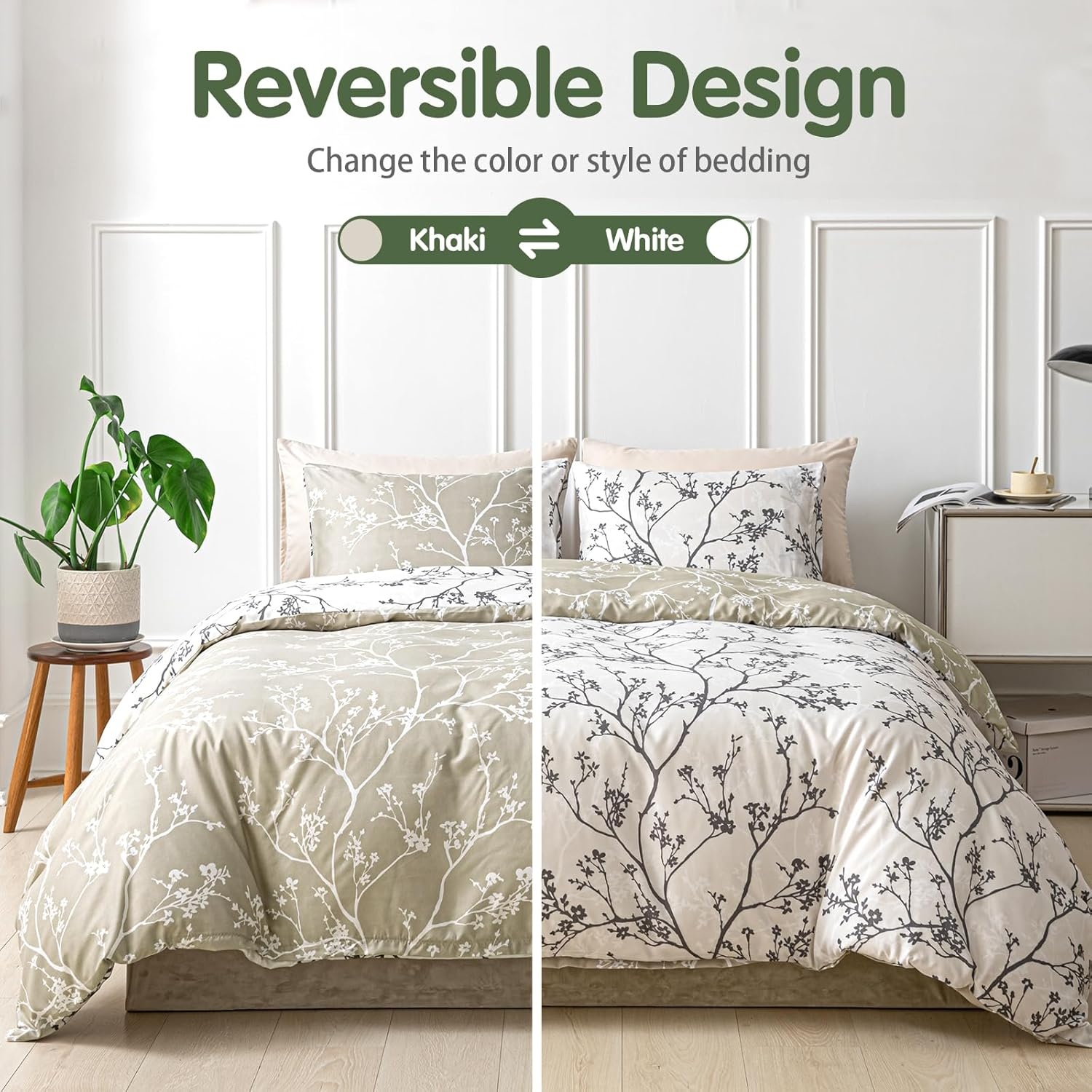 image:imageLekesky Duvet Cover Queen Size Reversible Botanical Floral Duvet Cover Set with Zipper Closure 3 Pieces Soft Microfiber Green Bedding Set 1Duvet Cover 90x90 2 Pillowcases 20x26C Khaki Whiteno Comforter