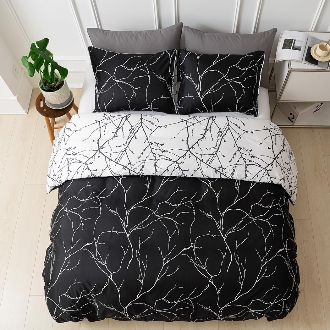 image:imageLekesky Duvet Cover Queen Size Reversible Botanical Floral Duvet Cover Set with Zipper Closure 3 Pieces Soft Microfiber Green Bedding Set 1Duvet Cover 90x90 2 Pillowcases 20x26B Black Branch