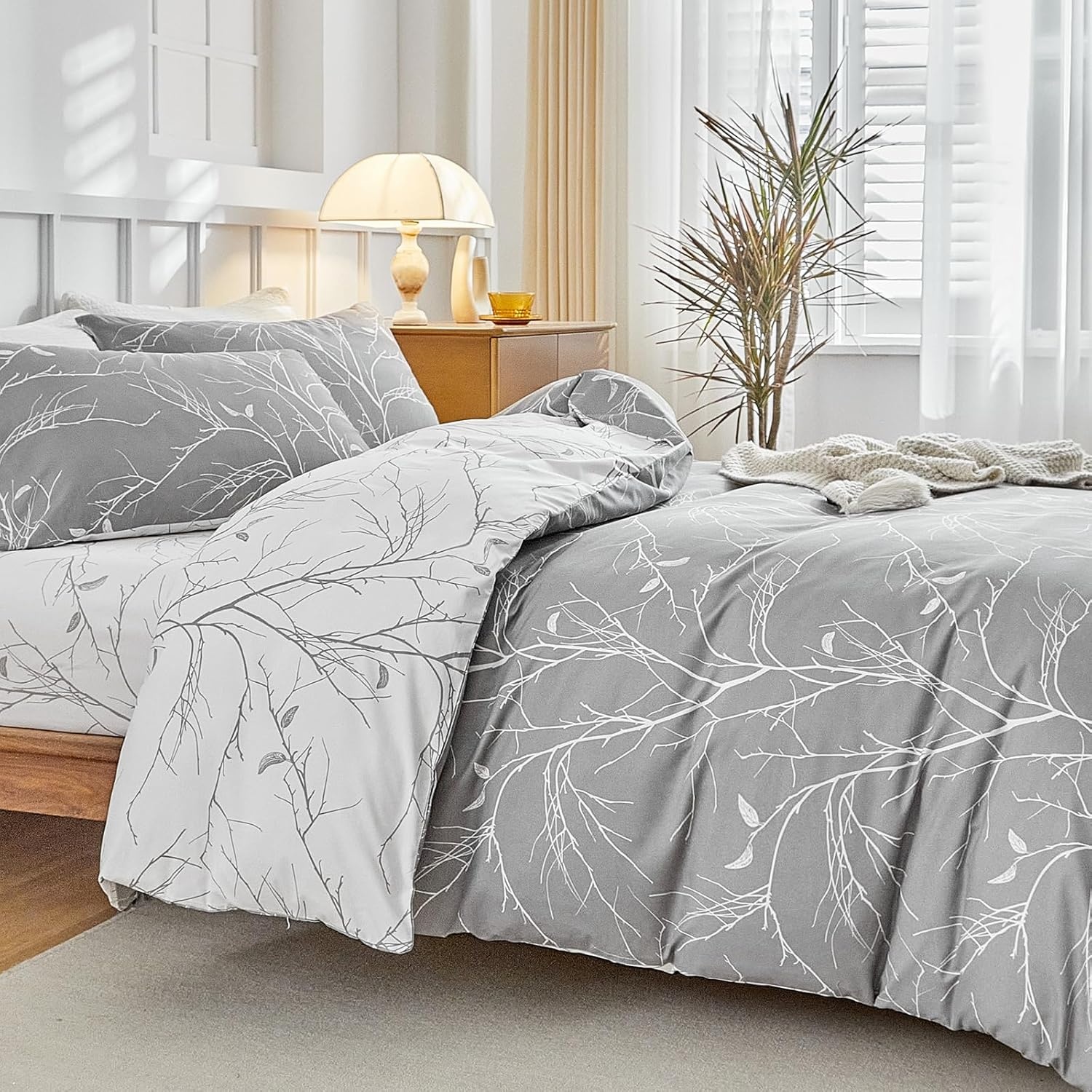 image:imageLekesky Duvet Cover Queen Size Reversible Botanical Floral Duvet Cover Set with Zipper Closure 3 Pieces Soft Microfiber Green Bedding Set 1Duvet Cover 90x90 2 Pillowcases 20x26Bgrey Branch