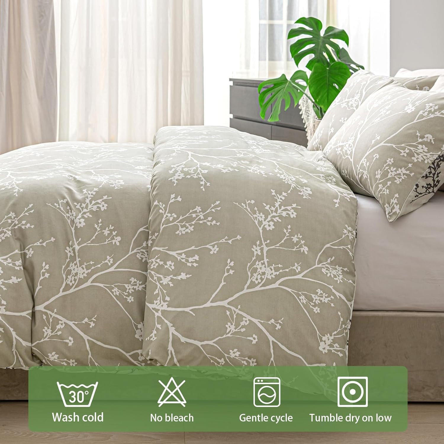 image:imageLekesky Duvet Cover Queen Size Reversible Botanical Floral Duvet Cover Set with Zipper Closure 3 Pieces Soft Microfiber Green Bedding Set 1Duvet Cover 90x90 2 Pillowcases 20x26C Khaki Whiteno Comforter