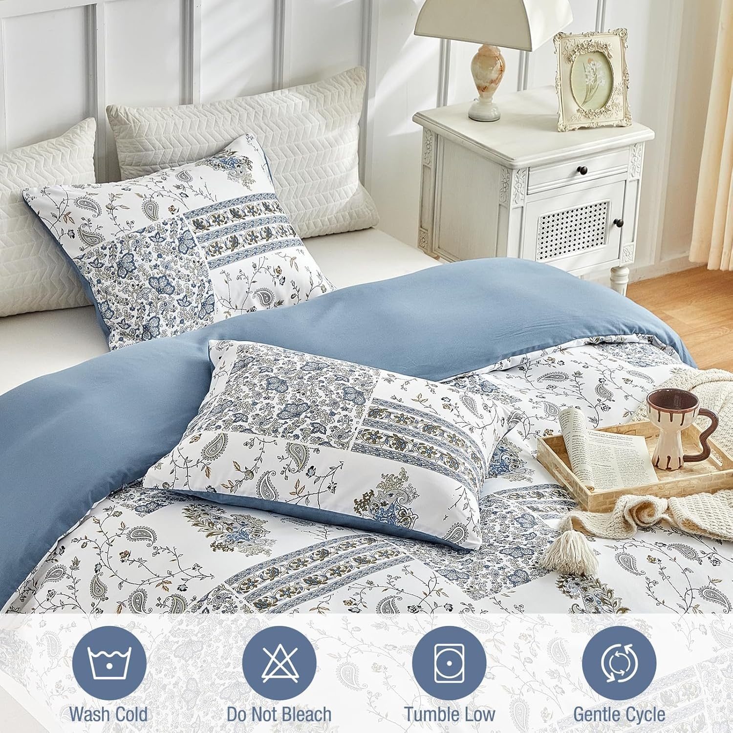 image:imageLekesky Duvet Cover Queen Size Reversible Botanical Floral Duvet Cover Set with Zipper Closure 3 Pieces Soft Microfiber Green Bedding Set 1Duvet Cover 90x90 2 Pillowcases 20x26Dpatchworkblue