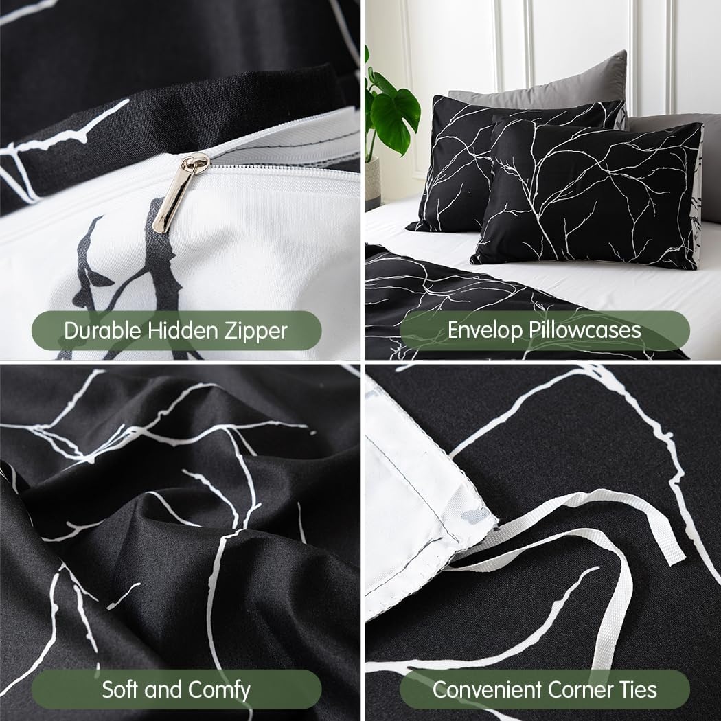 image:imageLekesky Duvet Cover Queen Size Reversible Botanical Floral Duvet Cover Set with Zipper Closure 3 Pieces Soft Microfiber Green Bedding Set 1Duvet Cover 90x90 2 Pillowcases 20x26B Black Branch