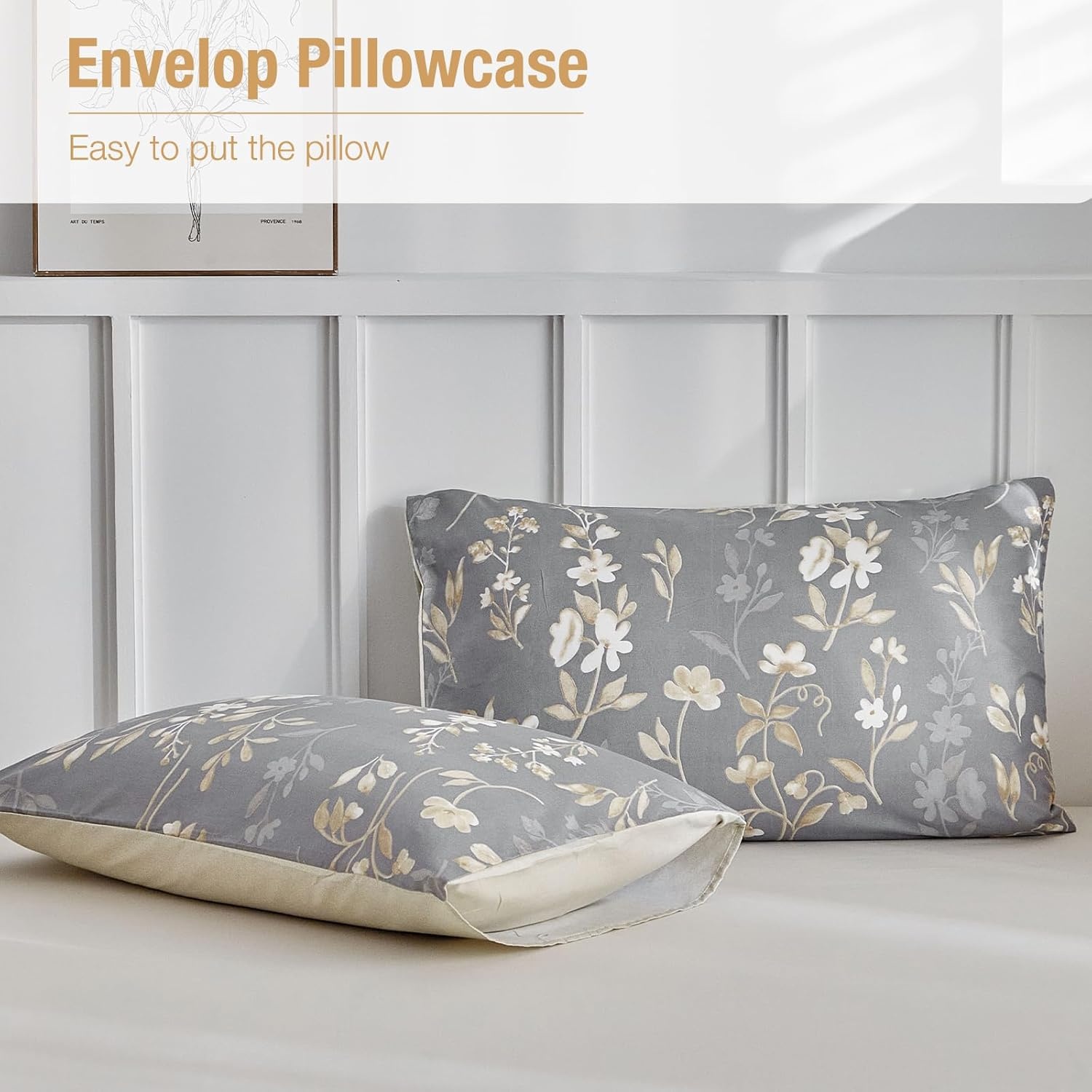 image:imageLekesky Duvet Cover Queen Size Reversible Botanical Floral Duvet Cover Set with Zipper Closure 3 Pieces Soft Microfiber Green Bedding Set 1Duvet Cover 90x90 2 Pillowcases 20x26A Grey Goldno Comforter
