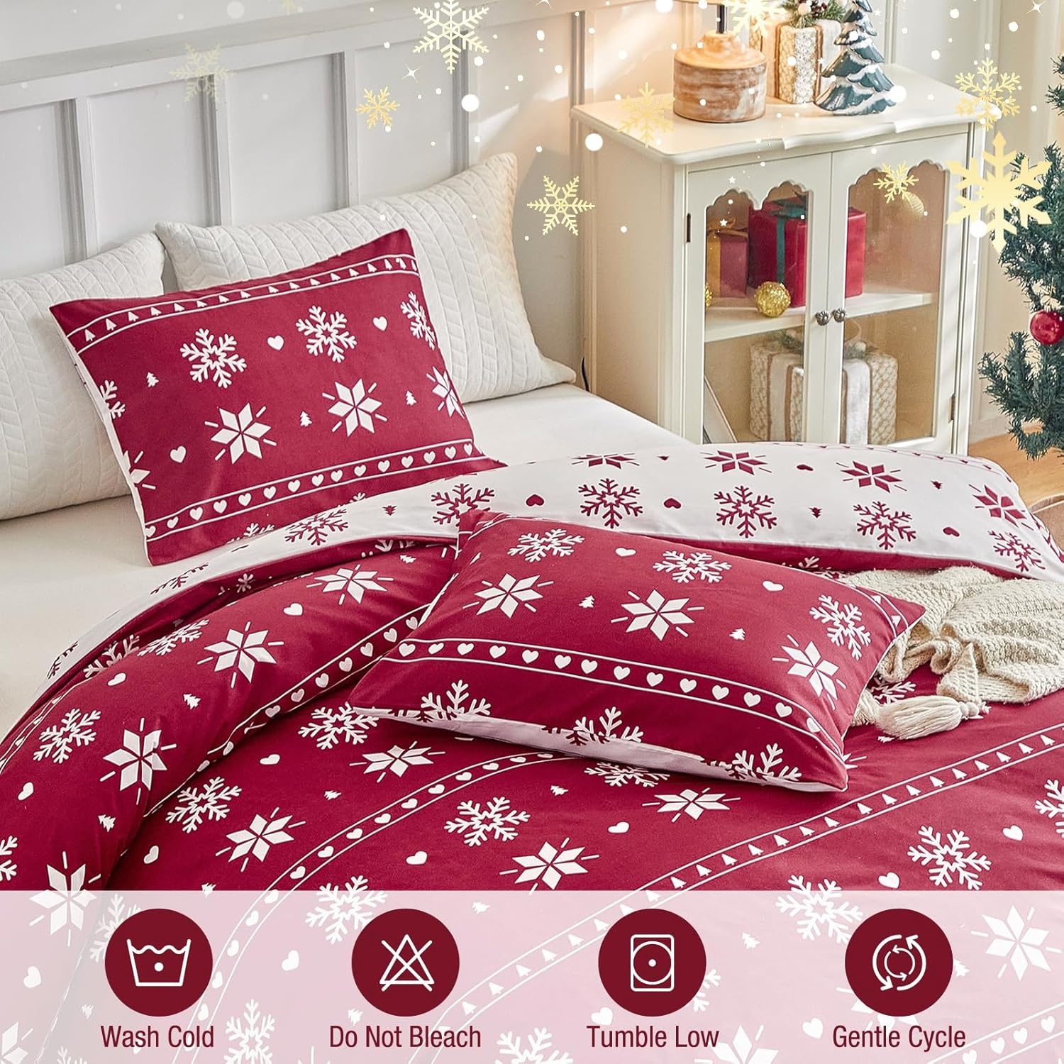 image:imageLekesky Duvet Cover Queen Size Reversible Botanical Floral Duvet Cover Set with Zipper Closure 3 Pieces Soft Microfiber Green Bedding Set 1Duvet Cover 90x90 2 Pillowcases 20x26Cchristmas Snowflakes