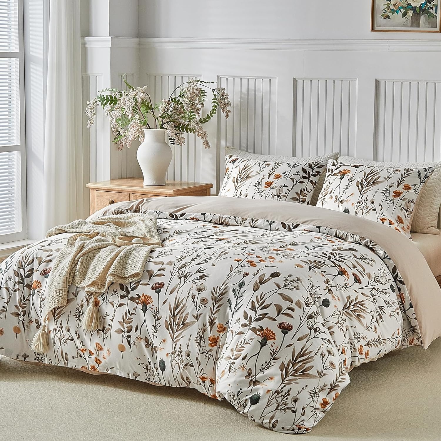 image:imageLekesky Duvet Cover Queen Size Reversible Botanical Floral Duvet Cover Set with Zipper Closure 3 Pieces Soft Microfiber Green Bedding Set 1Duvet Cover 90x90 2 Pillowcases 20x26C White Earthno Comforter