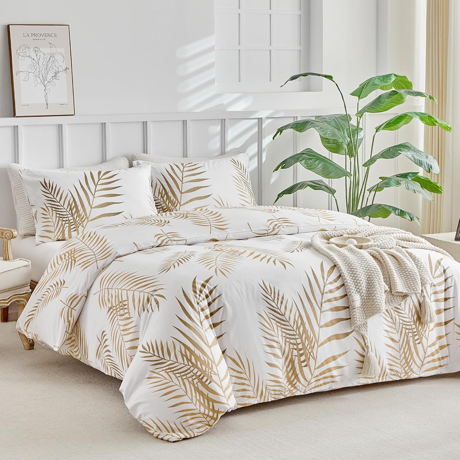 image:imageLekesky Duvet Cover Queen Size Reversible Botanical Floral Duvet Cover Set with Zipper Closure 3 Pieces Soft Microfiber Green Bedding Set 1Duvet Cover 90x90 2 Pillowcases 20x26C Whitegold Leaf No Comforter
