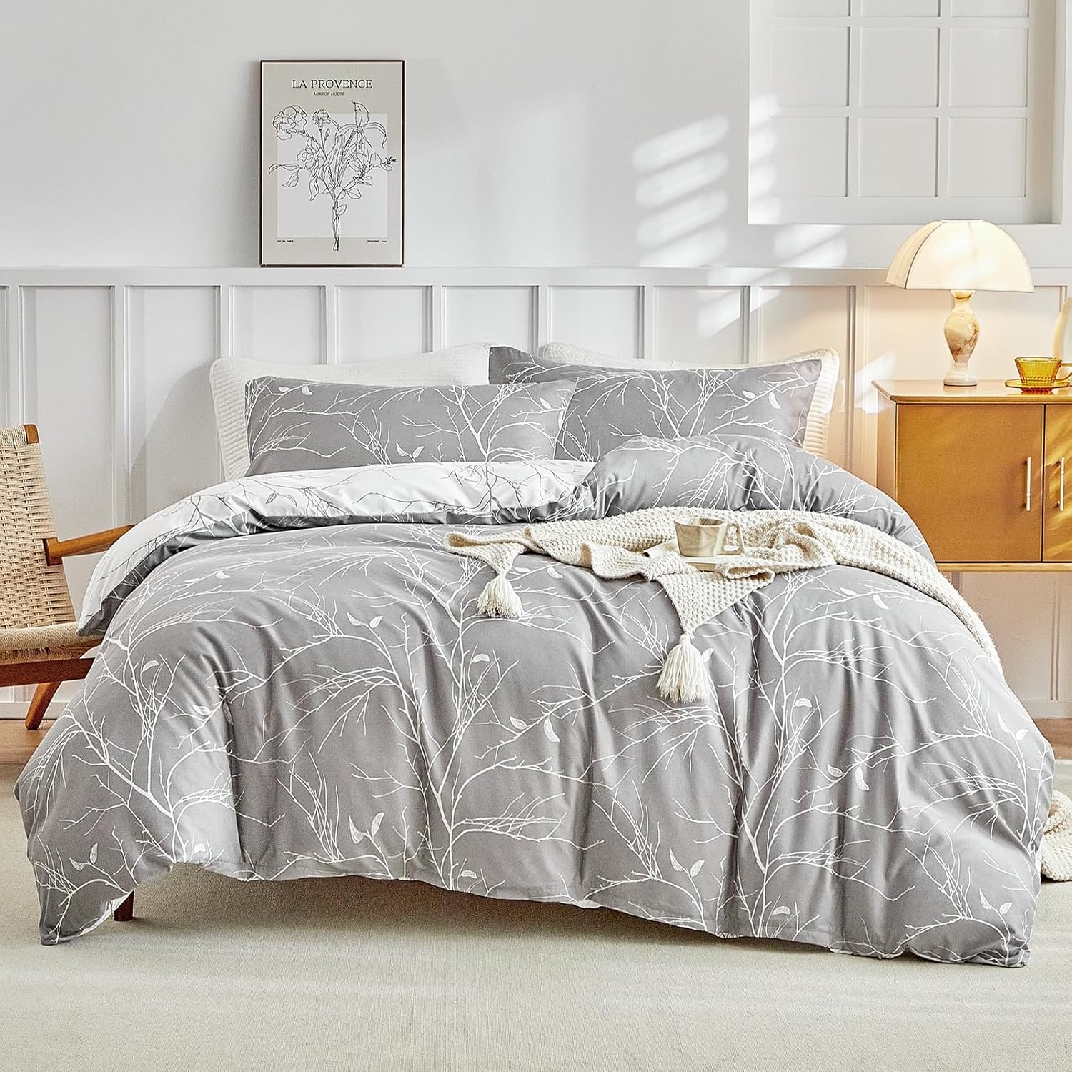 image:imageLekesky Duvet Cover Queen Size Reversible Botanical Floral Duvet Cover Set with Zipper Closure 3 Pieces Soft Microfiber Green Bedding Set 1Duvet Cover 90x90 2 Pillowcases 20x26Bgrey Branch