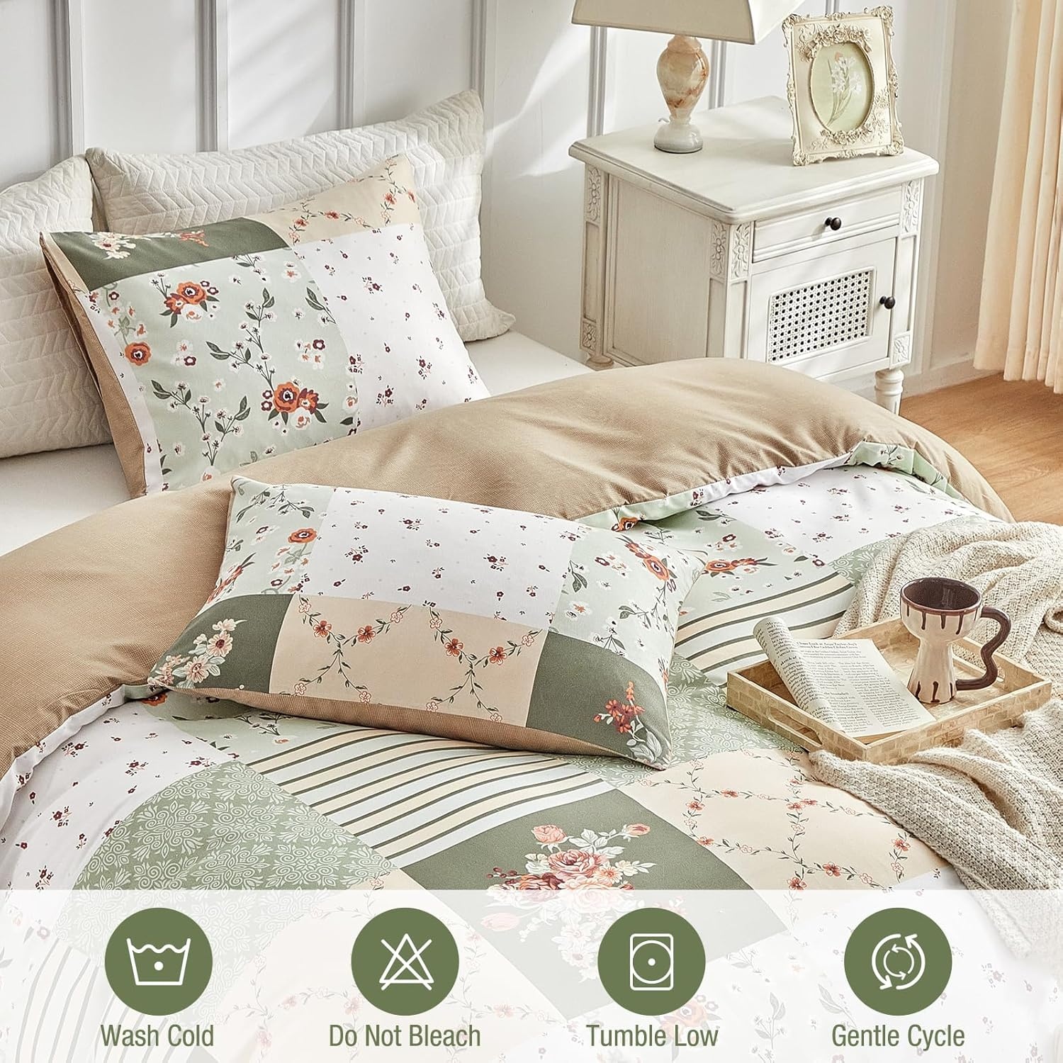image:imageLekesky Duvet Cover Queen Size Reversible Botanical Floral Duvet Cover Set with Zipper Closure 3 Pieces Soft Microfiber Green Bedding Set 1Duvet Cover 90x90 2 Pillowcases 20x26Dpatchworkgreen