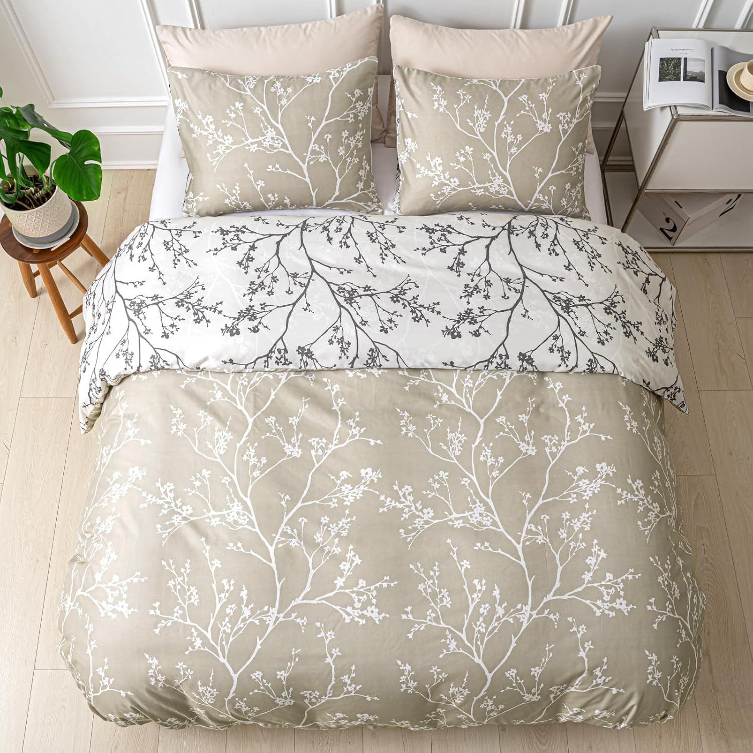 image:imageLekesky Duvet Cover Queen Size Reversible Botanical Floral Duvet Cover Set with Zipper Closure 3 Pieces Soft Microfiber Green Bedding Set 1Duvet Cover 90x90 2 Pillowcases 20x26C Khaki Whiteno Comforter
